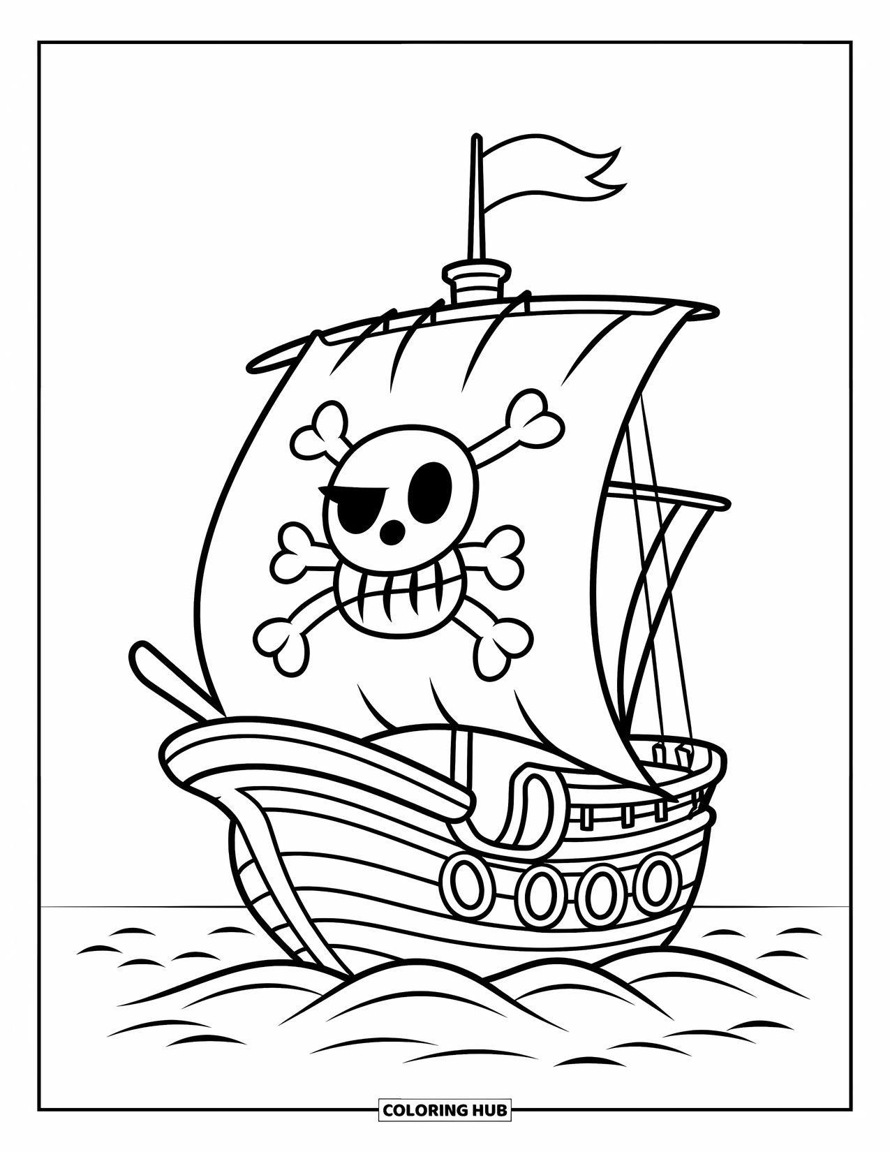 Pirate Ship Coloring Page for Kids: Cute pirate ship with a big sail and happy flag floats on small waves