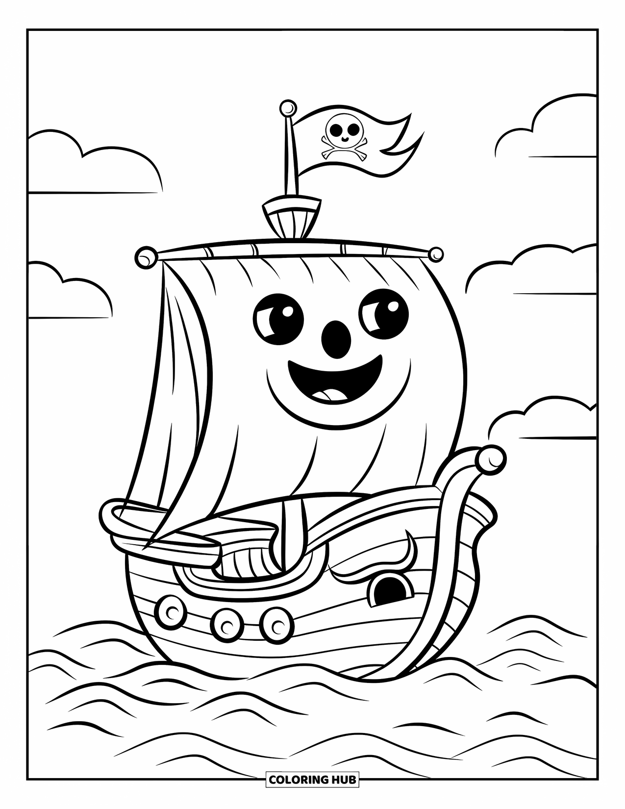 Pirate Ship Coloring Page for Kids: Cute ship with a smiley sail floats in clear water under soft clouds