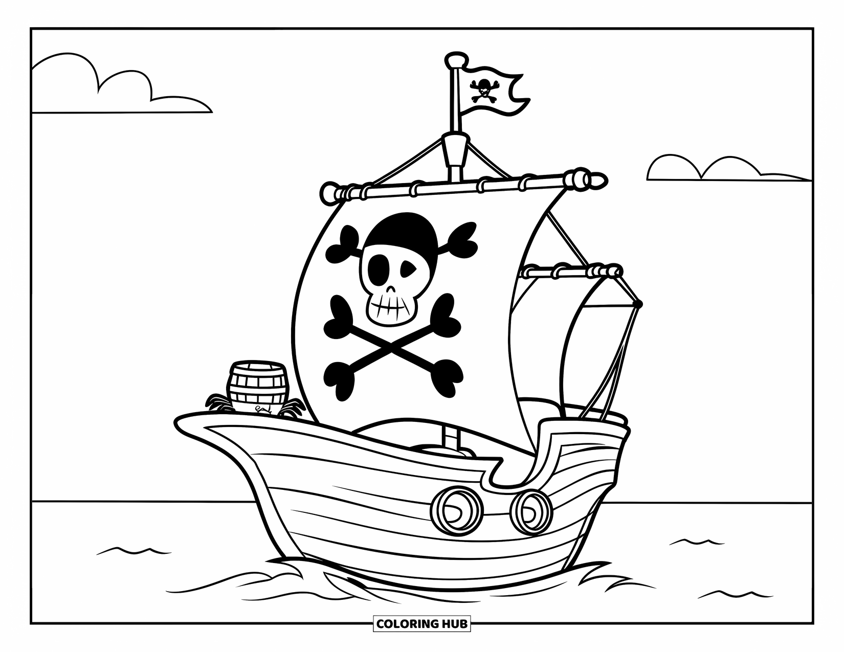 Pirate Ship Coloring Page for Kids: Little ship with crabs and a plank sails through calm water