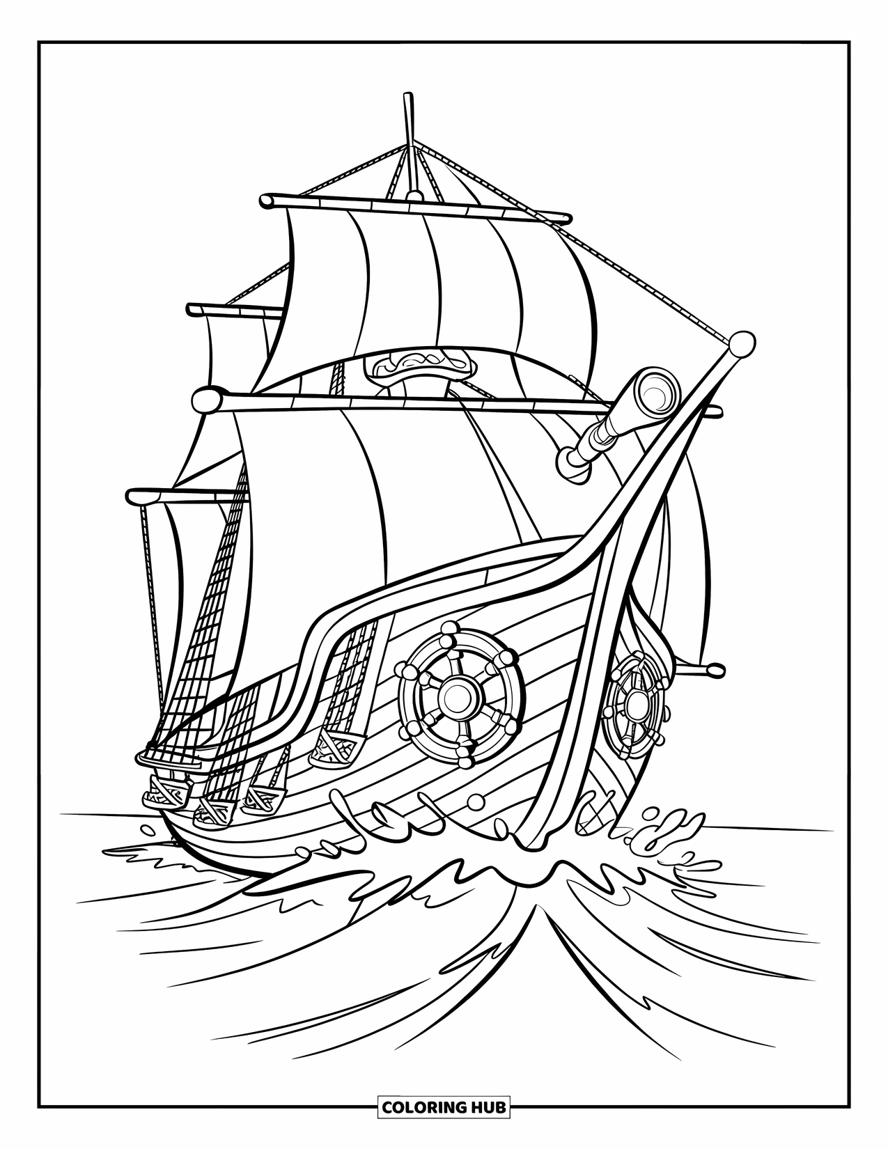 Pirate Ship Coloring Page for Kids: Ornate pirate ship with spyglass floats on ocean waves