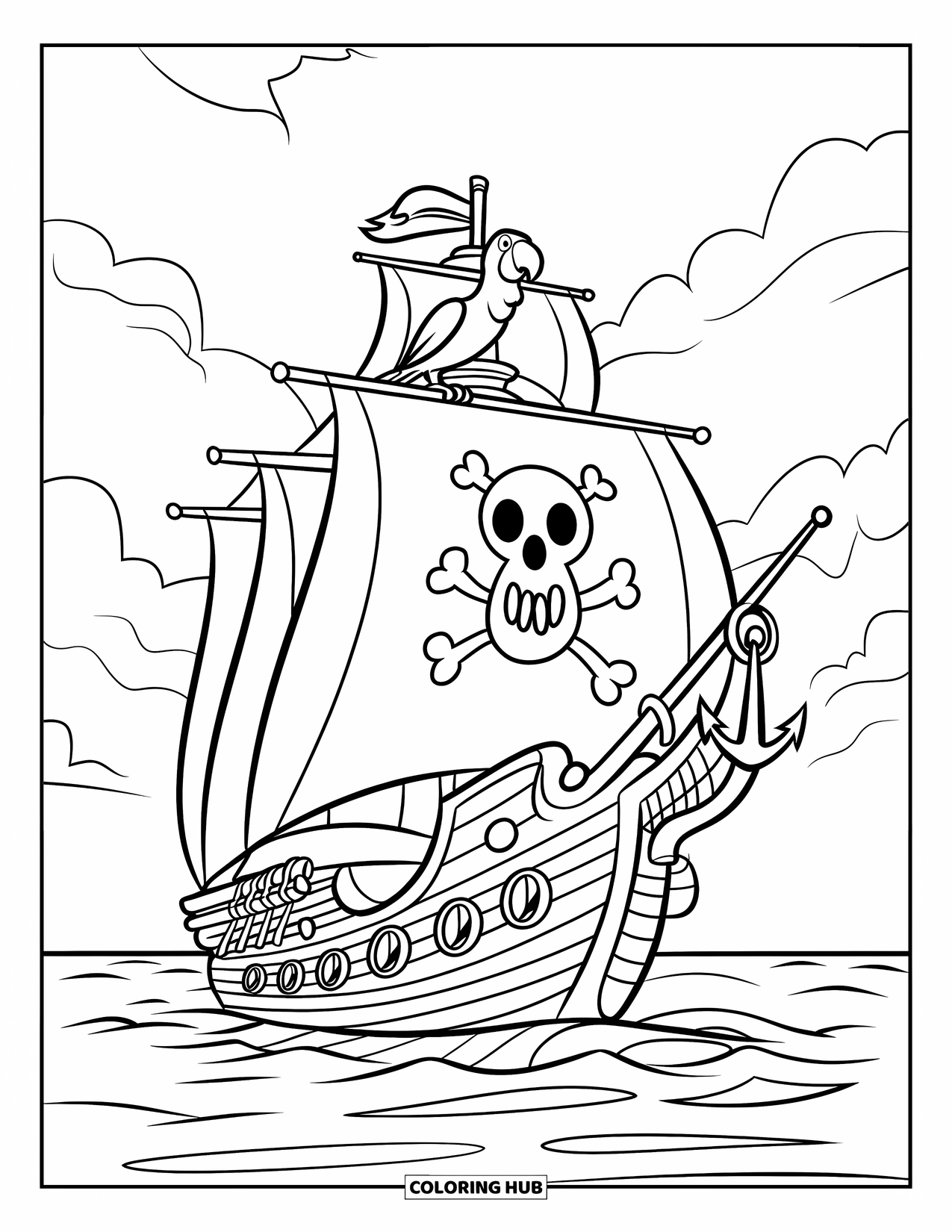 Pirate Ship Coloring Page for Kids: Parrot perches as anchor dips into calm water