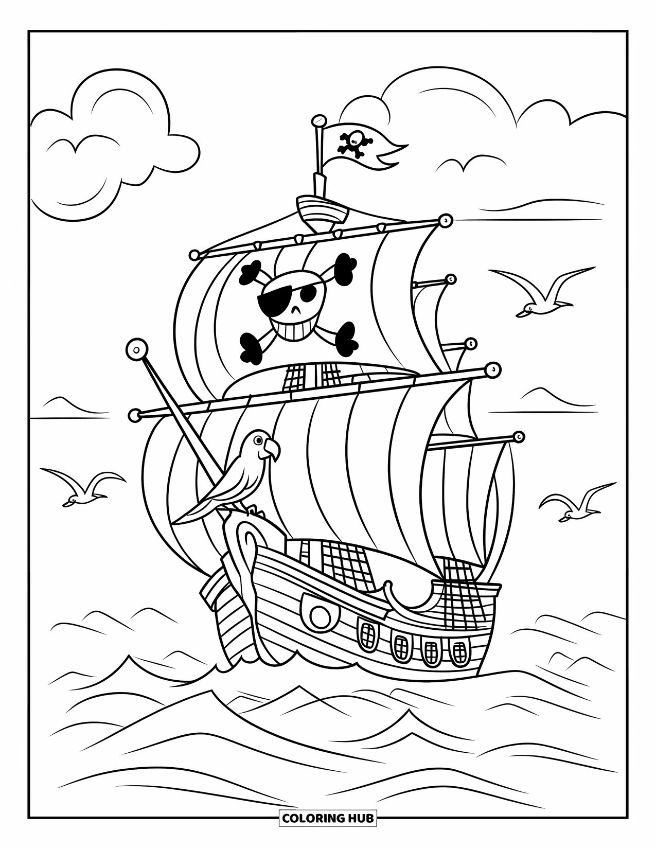 Pirate Ship Coloring Page for Kids: Parrot rides the mast as anchor dips in choppy sea