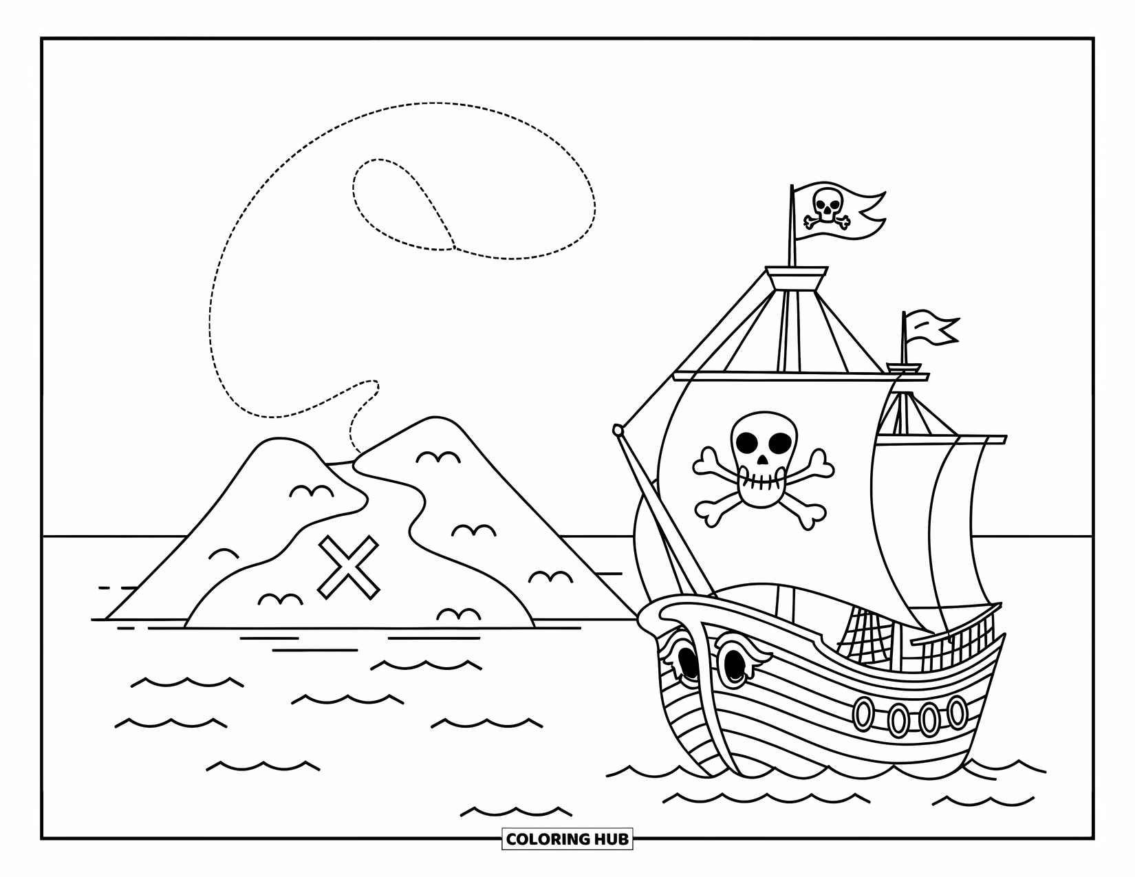Pirate Ship Coloring Page for Kids: Pirate ship and an "X" mark on island are connected by a map path