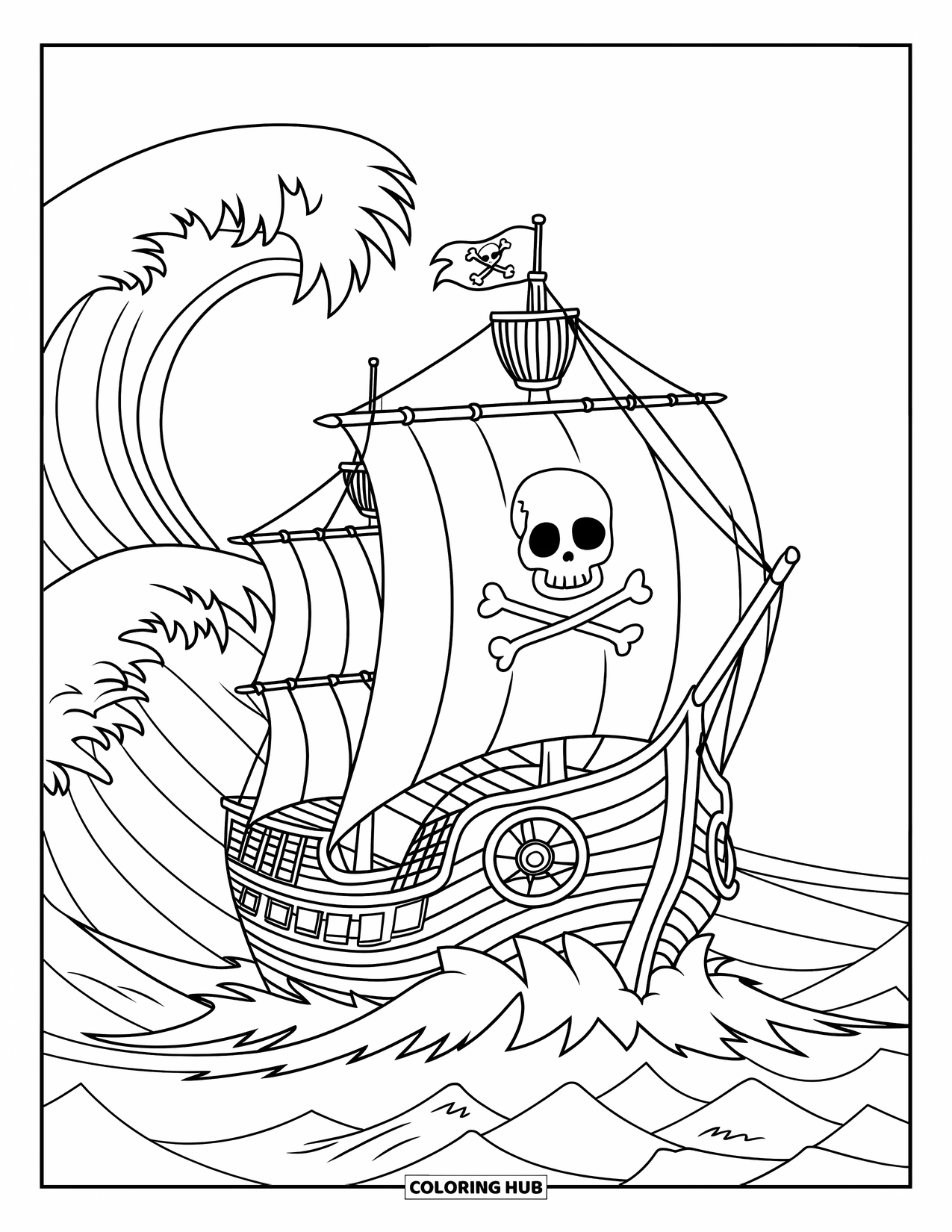 Pirate Ship Coloring Page for Kids: Pirate ship braves choppy waters with a skull flag flying