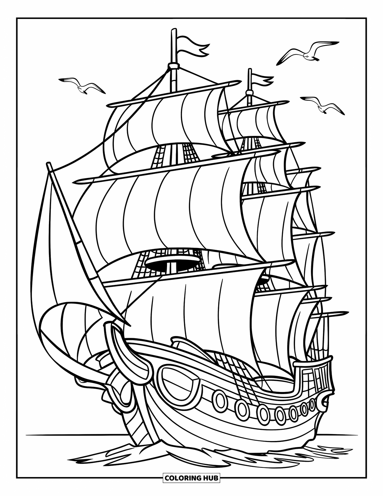 Pirate Ship Coloring Page for Kids: Pirate ship drifts into the distance with birds in the sky