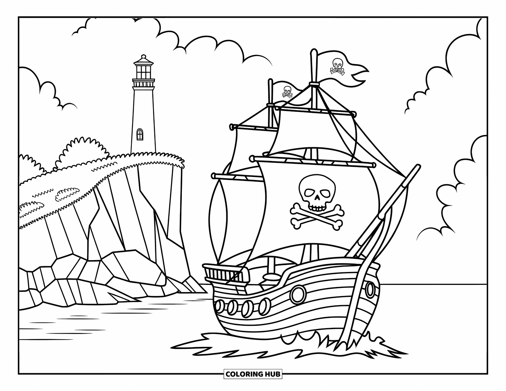 Pirate Ship Coloring Page for Kids: Pirate ship glides near rocky cliffs with a lighthouse on the horizon