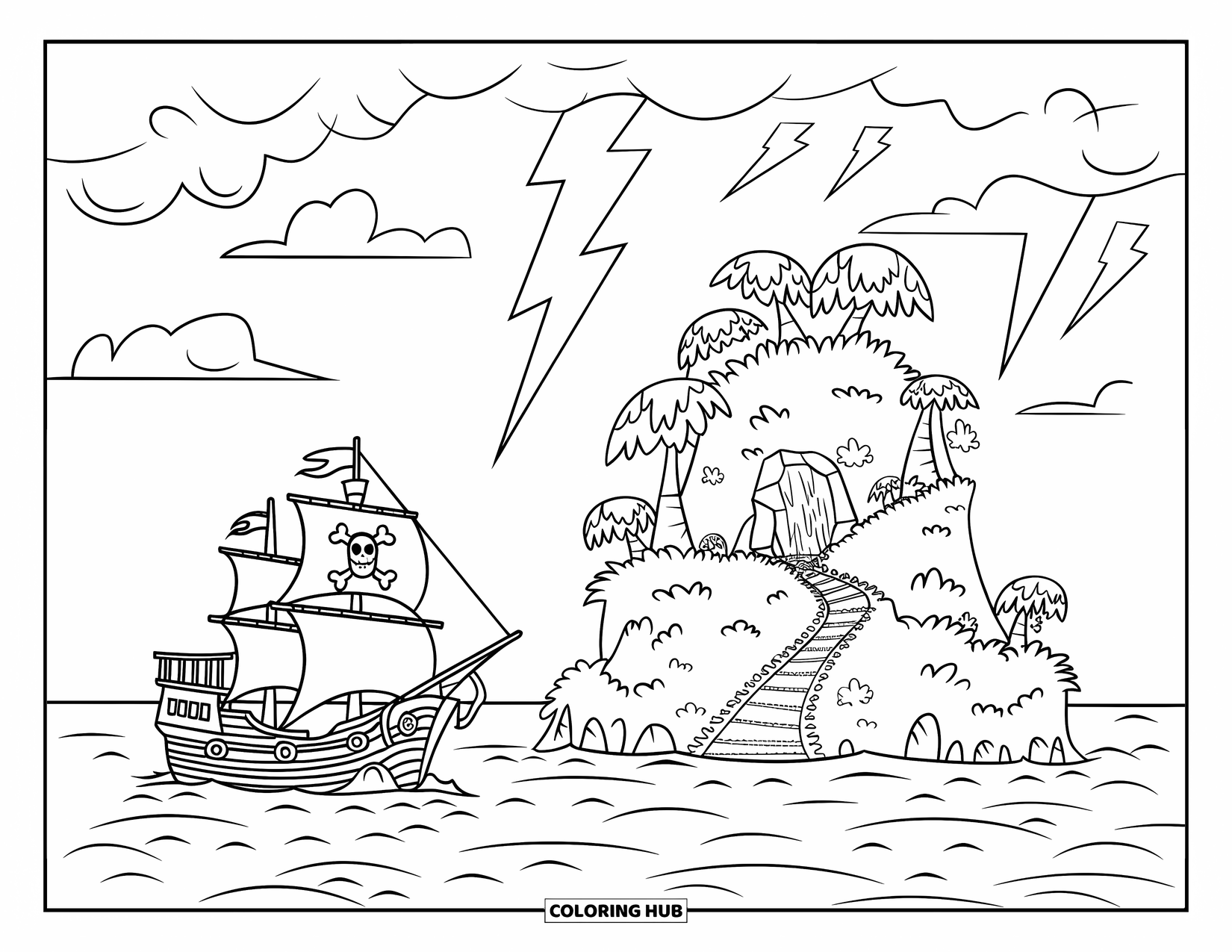 Pirate Ship Coloring Page for Kids: Pirate ship rests near a treasure island and a hidden cave