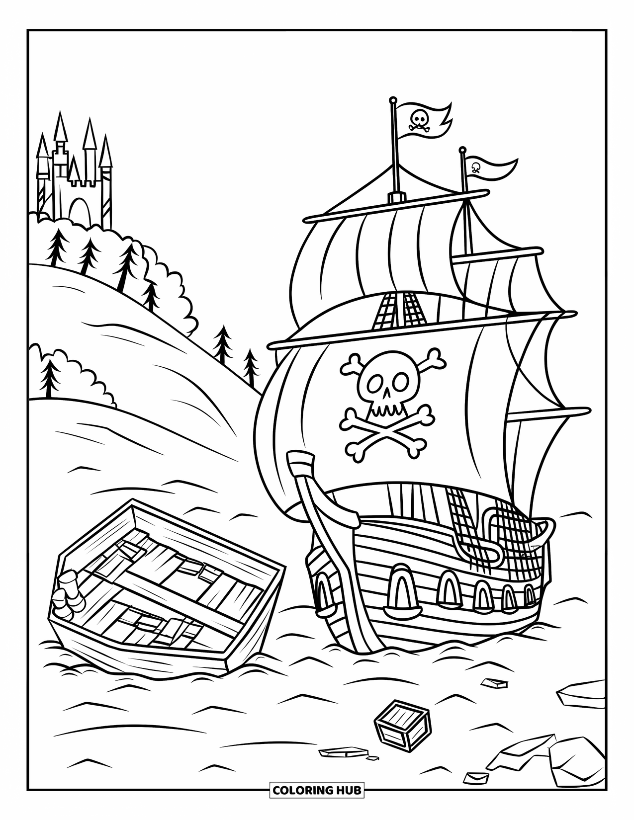 Pirate Ship Coloring Page for Kids: Pirate ship sails beside a wrecked boat and floating crates