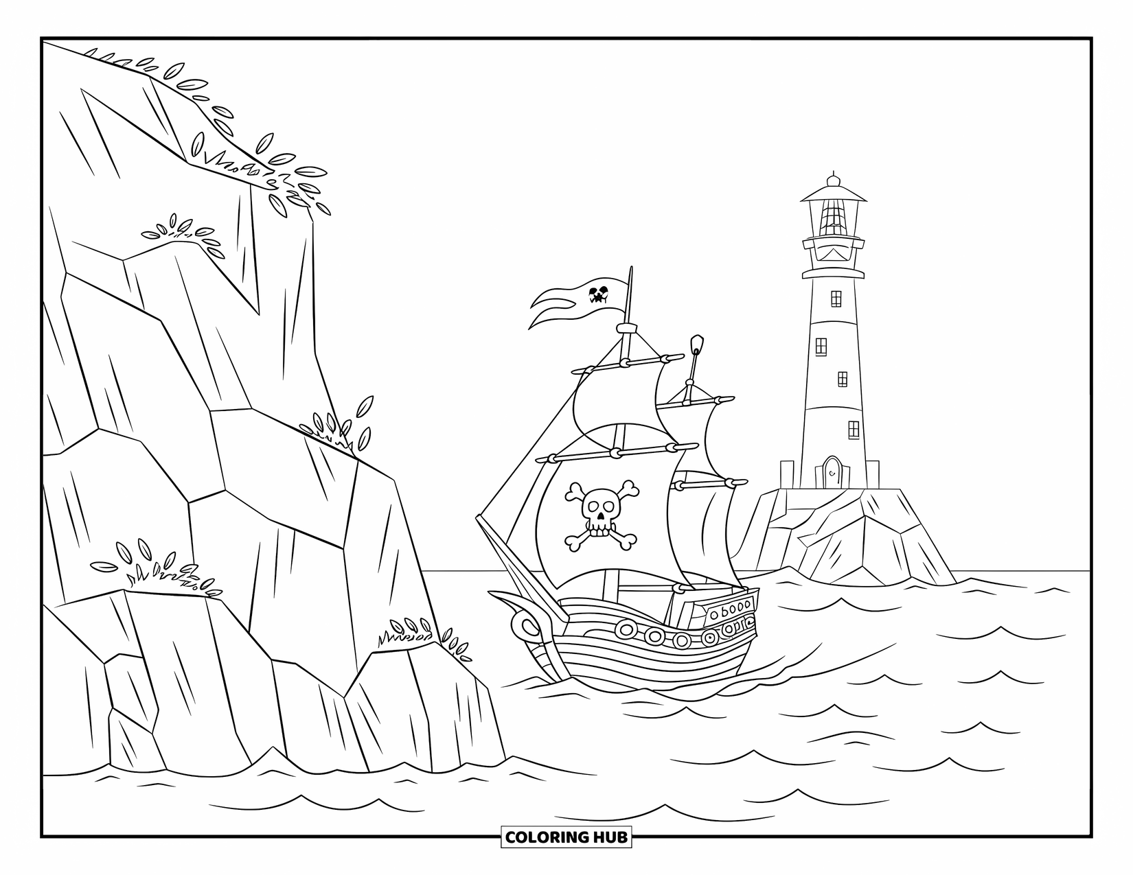 Pirate Ship Coloring Page for Kids: Pirate ship sails past cliffs and a distant lighthouse