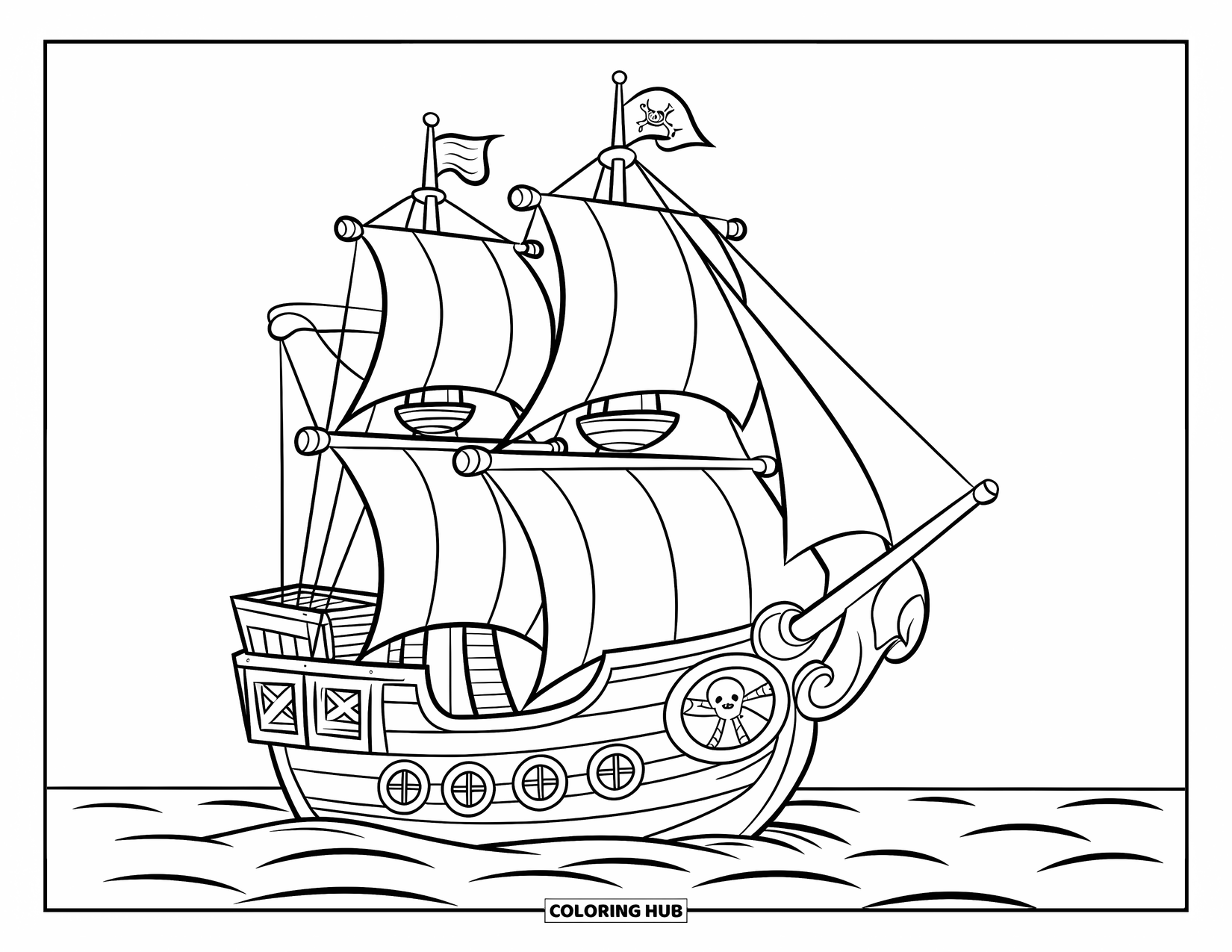 Pirate Ship Coloring Page for Kids: Pirate ship sails with three sails and a wide wheel