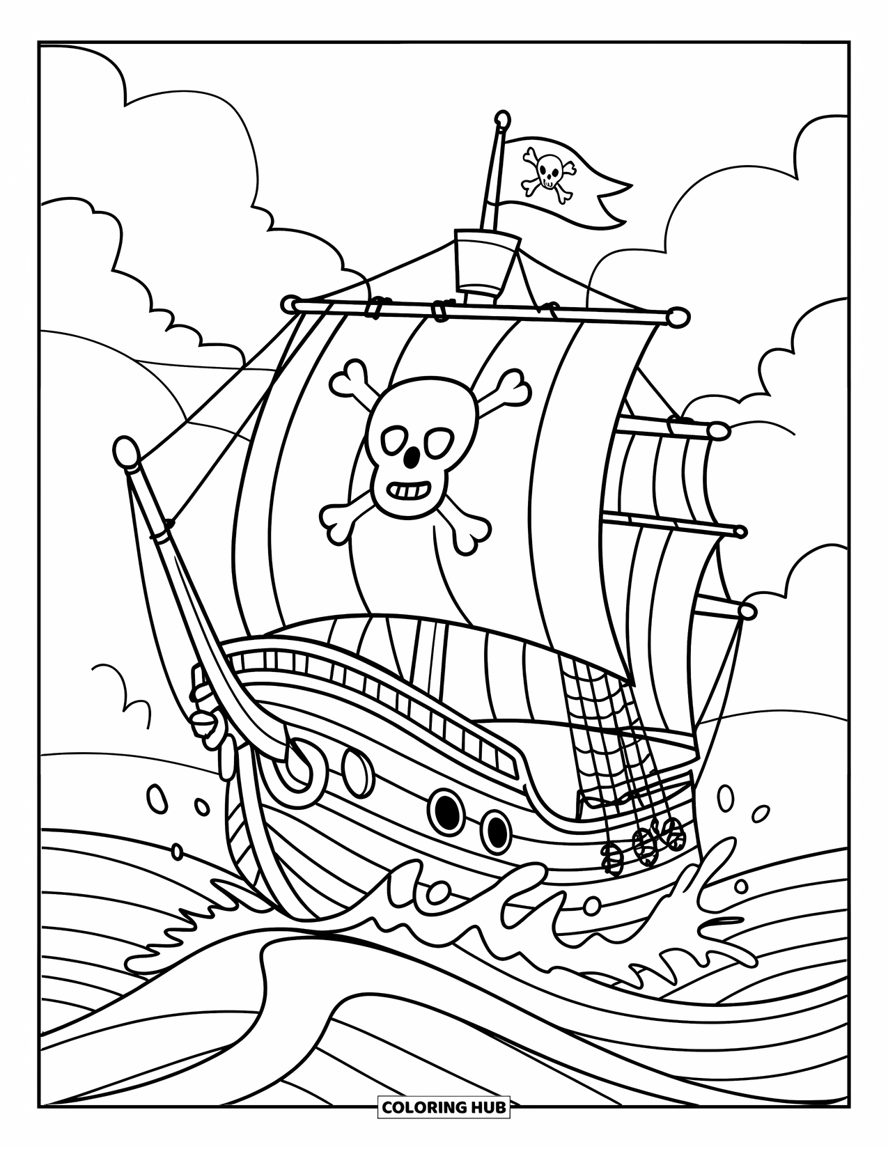 Pirate Ship Coloring Page for Kids: Pirate ship with spyglass rides rough waves and cloudy skies