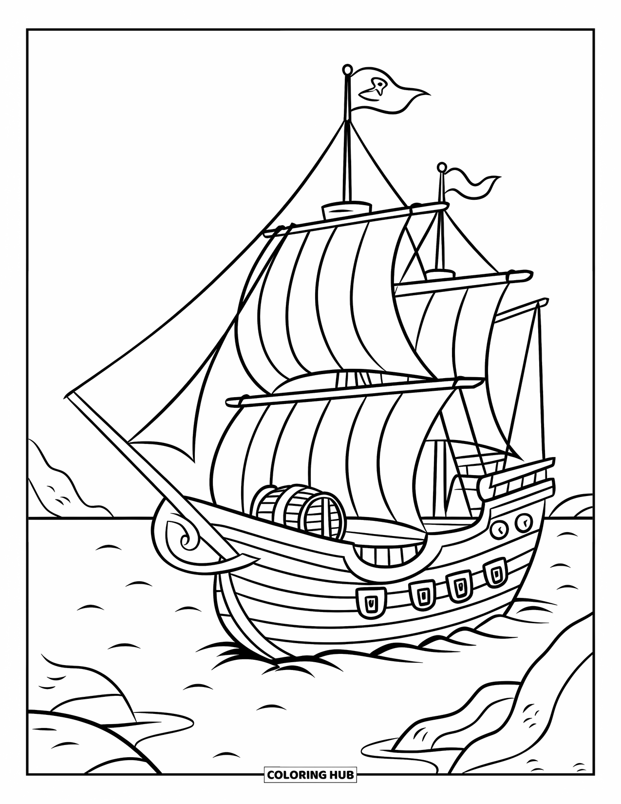 Pirate Ship Coloring Page for Kids: Pirate ship with striped sails, barrels, and treasure floats on a calm sea