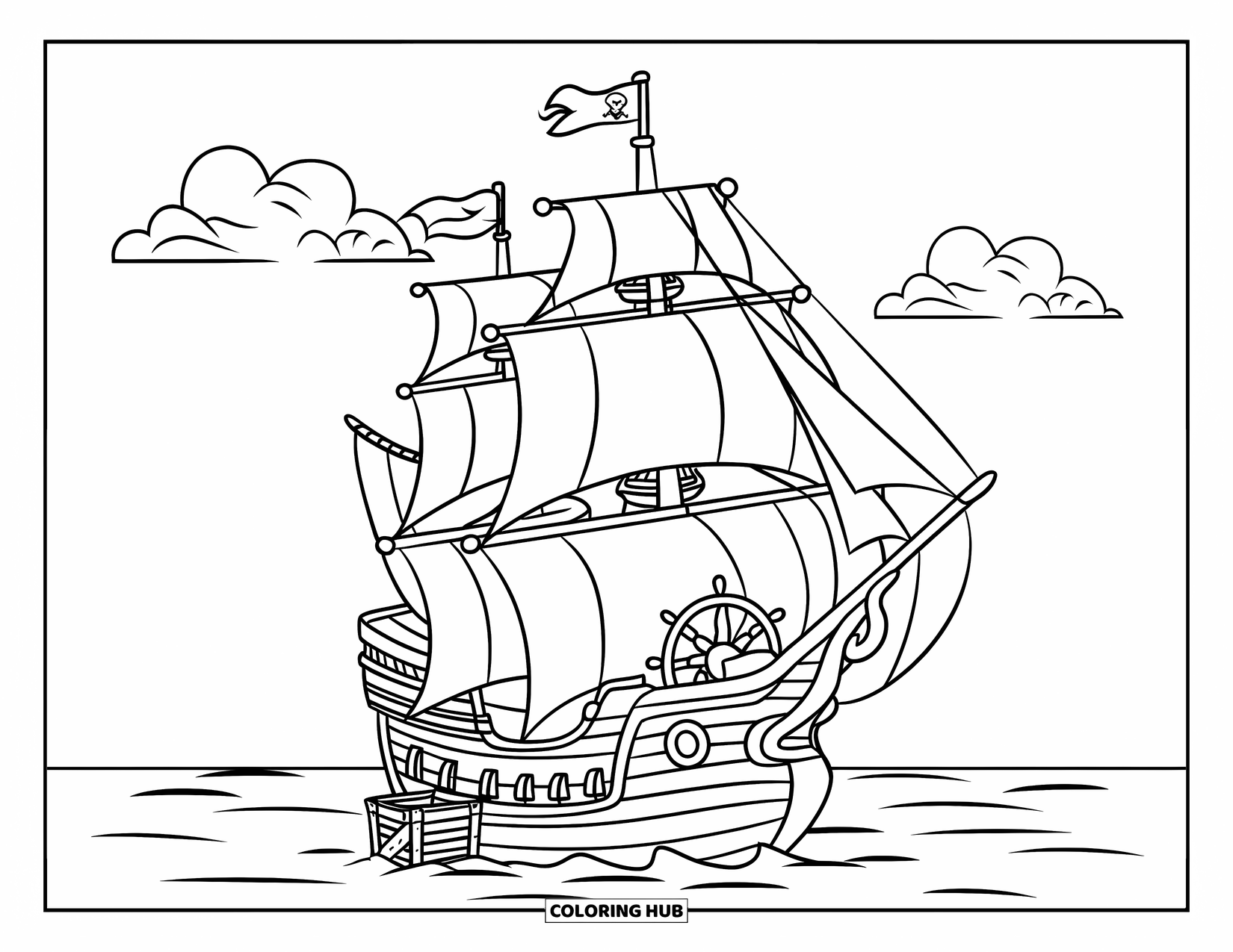 Pirate Ship Coloring Page for Kids: Pirate ship with three sails glides beside a small crate