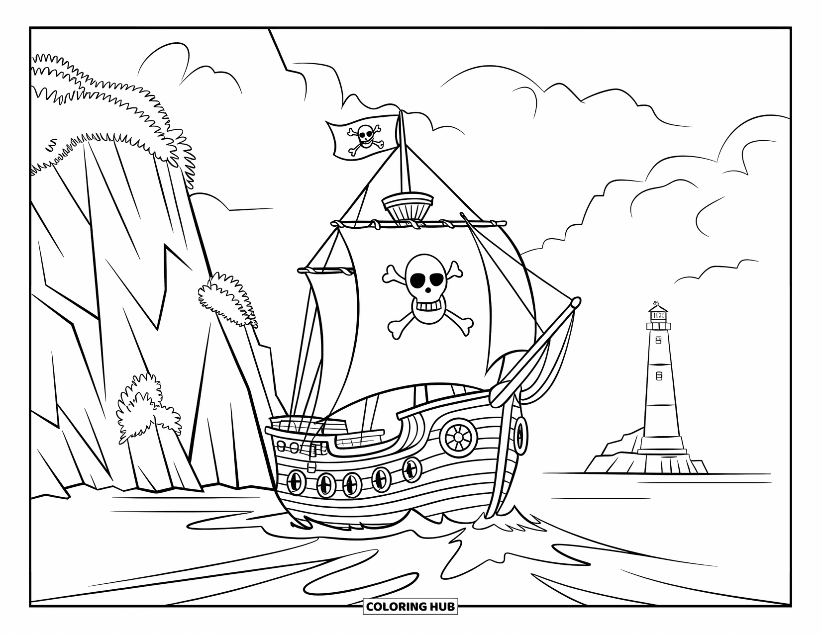 Pirate Ship Coloring Page for Kids: Pirate with a beard sails by cliffs and a tall lighthouse