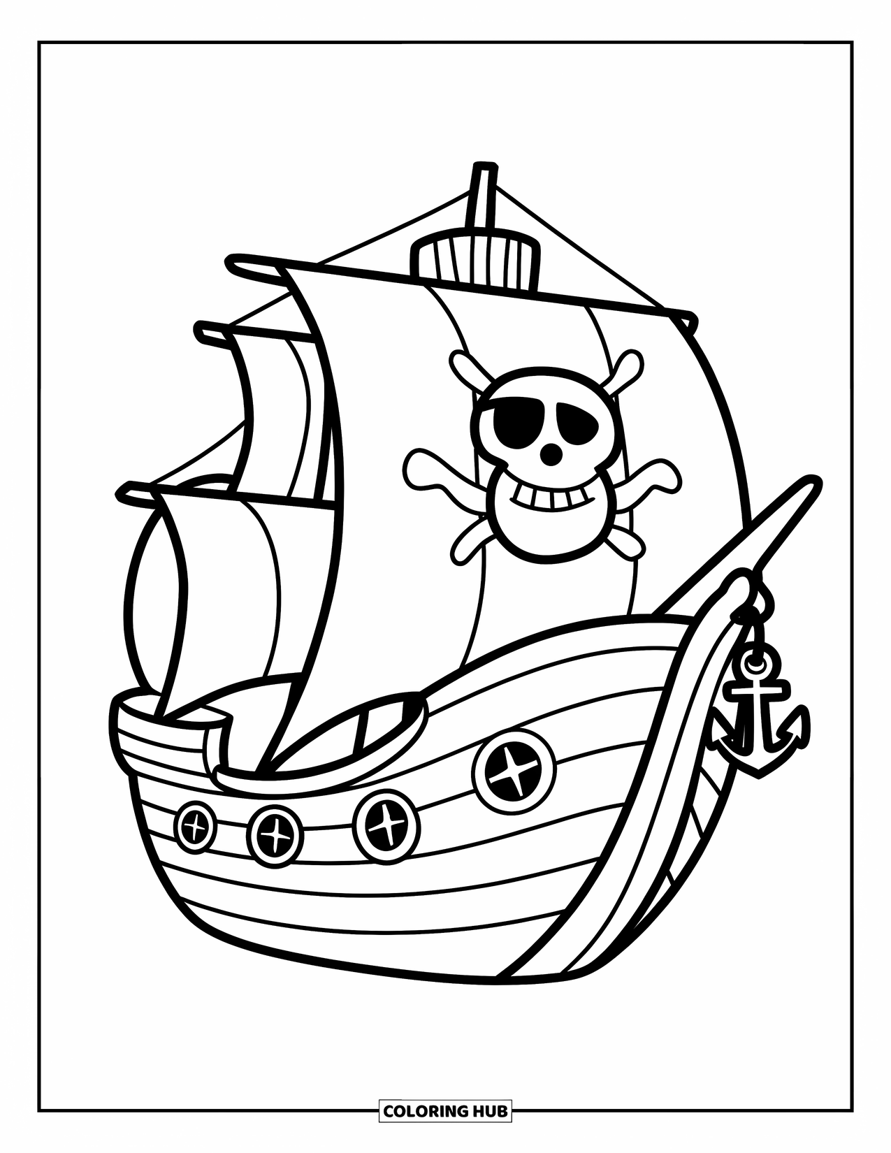 Pirate Ship Coloring Page for Kids: Playful ship with windows and a tiny anchor on calm seas