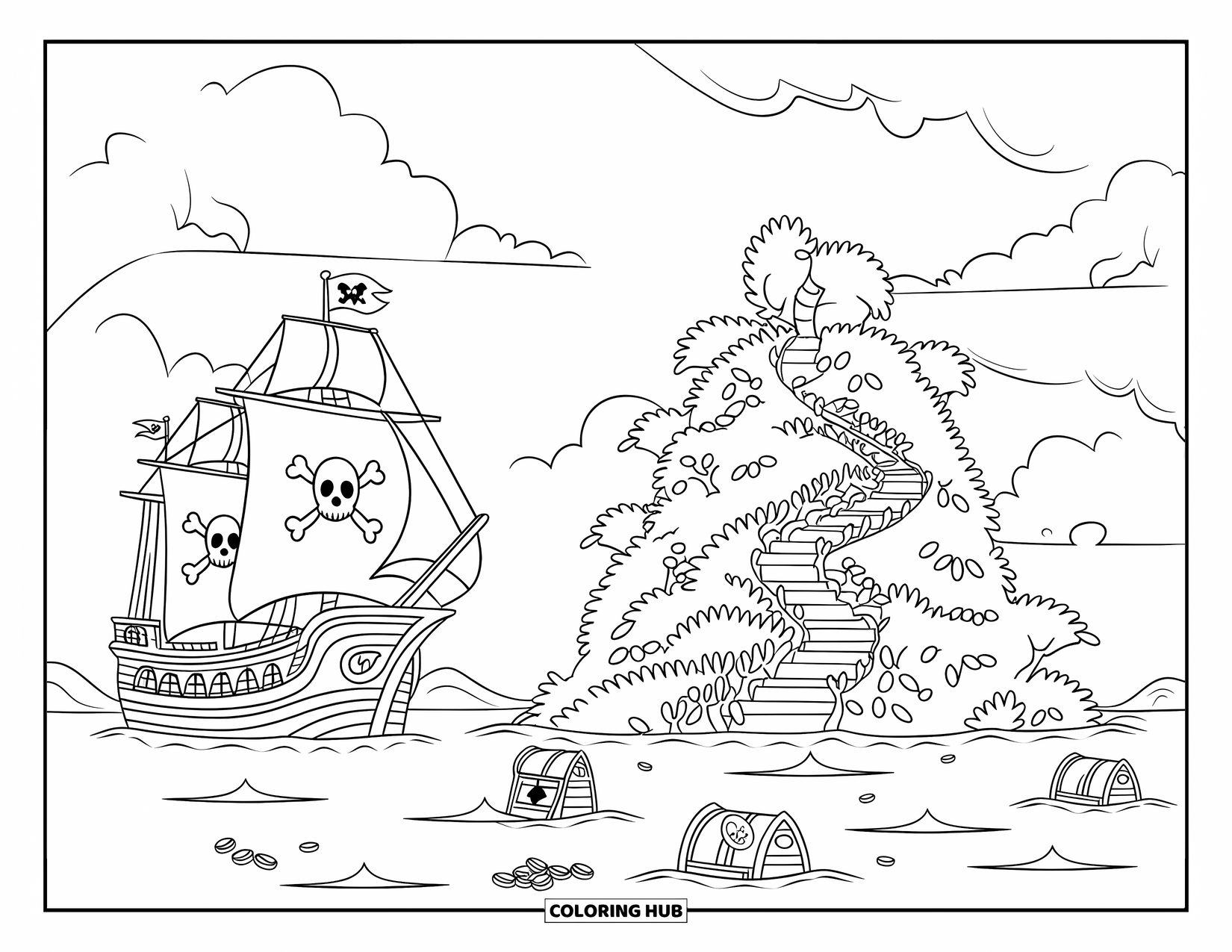 Pirate Ship Coloring Page for Kids: Ship and rowboats float near a treasure island filled with vines and gold