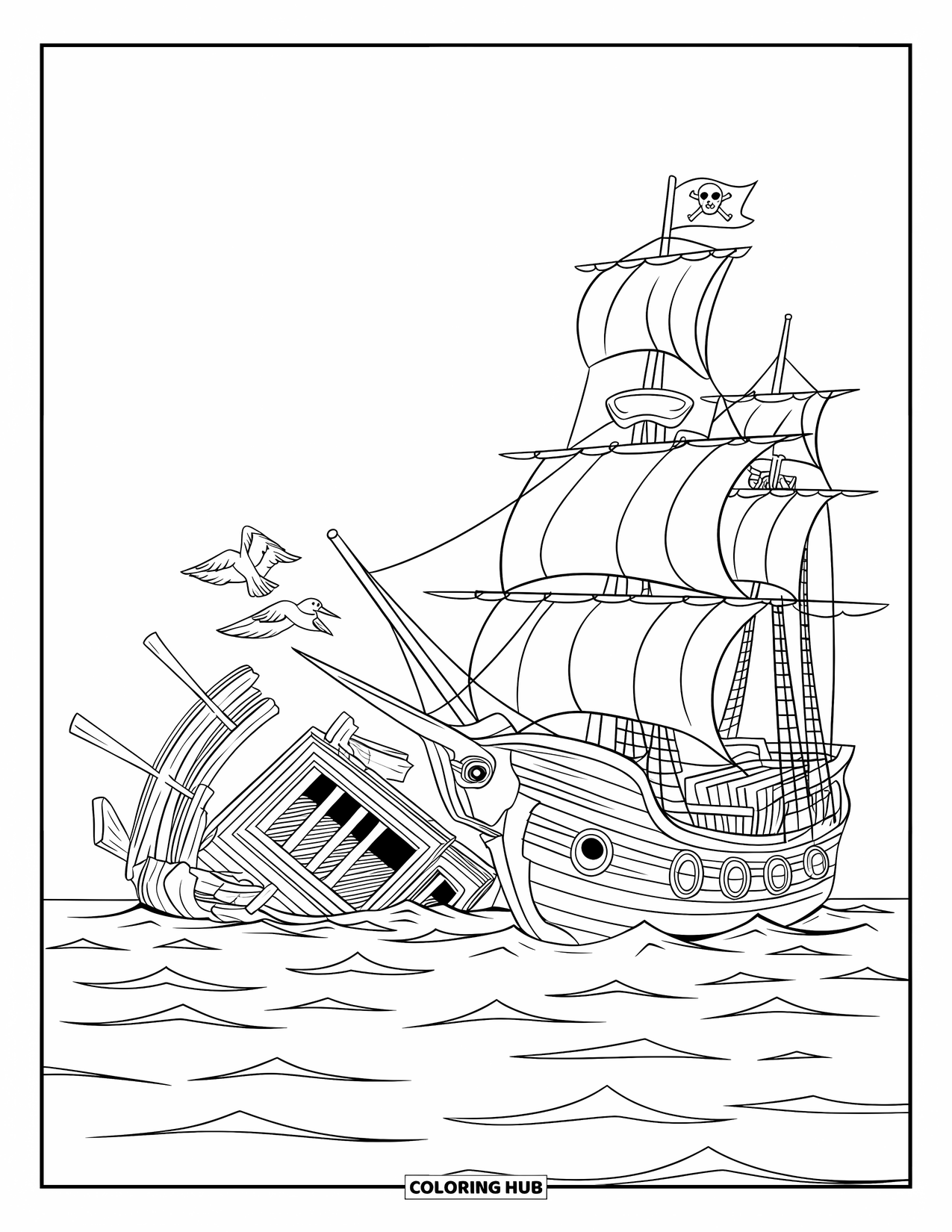 Pirate Ship Coloring Page for Kids: Ship and wrecked boat float near birds and calm waters