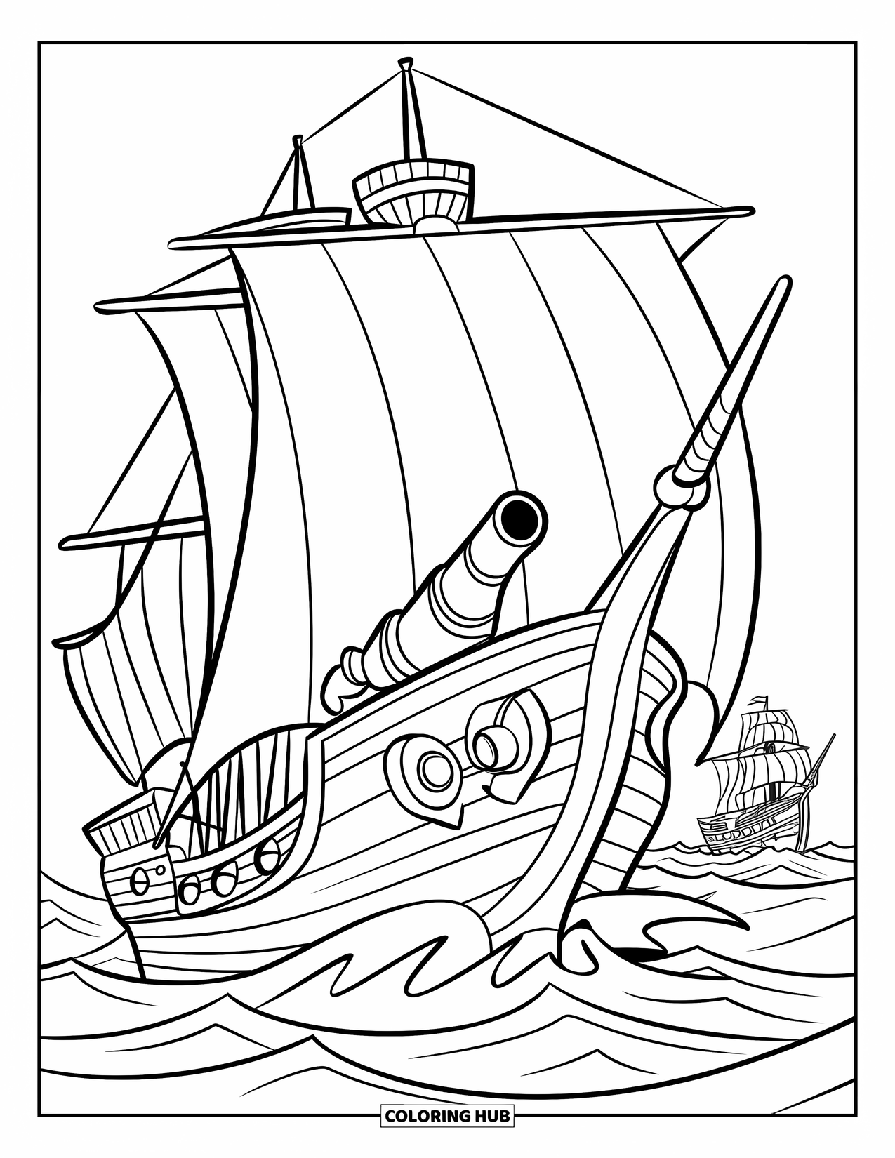 Pirate Ship Coloring Page for Kids: Ship in battle mode with cannons and ocean chaos