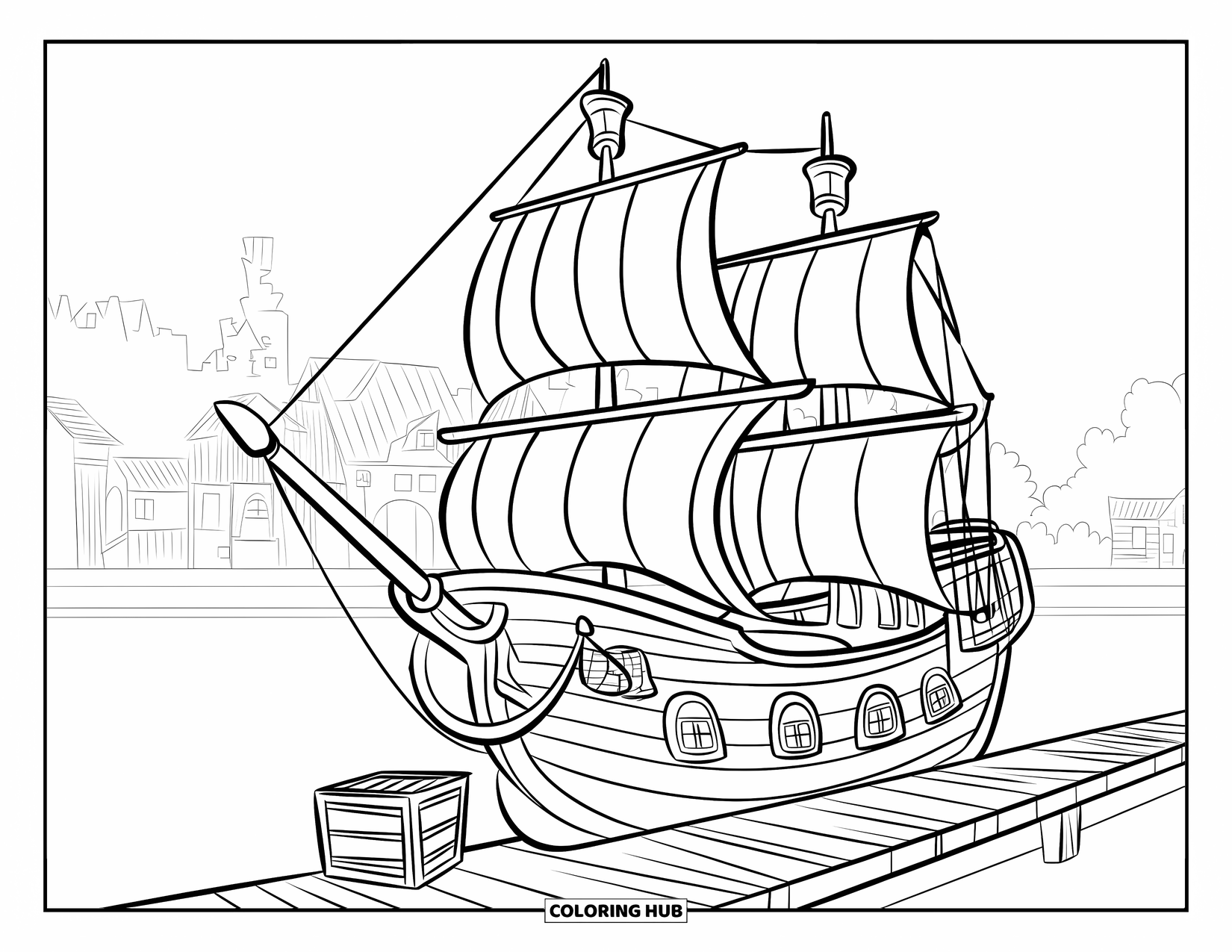 Pirate Ship Coloring Page for Kids: Ship is docked near a quaint town with red rooftops