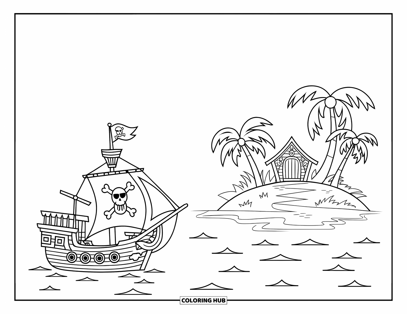 Pirate Ship Coloring Page for Kids: Ship near a treasure island with palm trees and a dotted path above