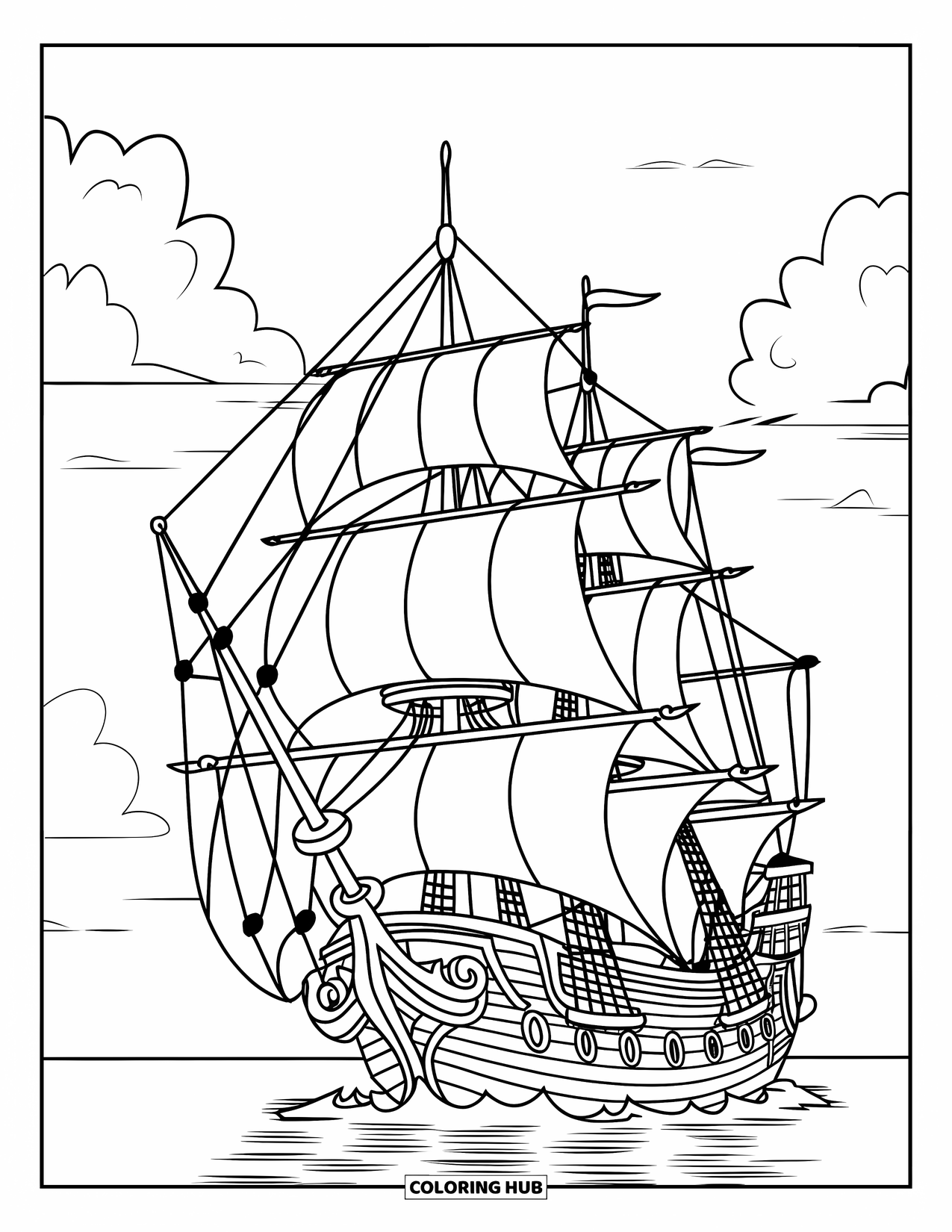 Pirate Ship Coloring Page for Kids: Ship sails forward with detailed sails and sky reflections