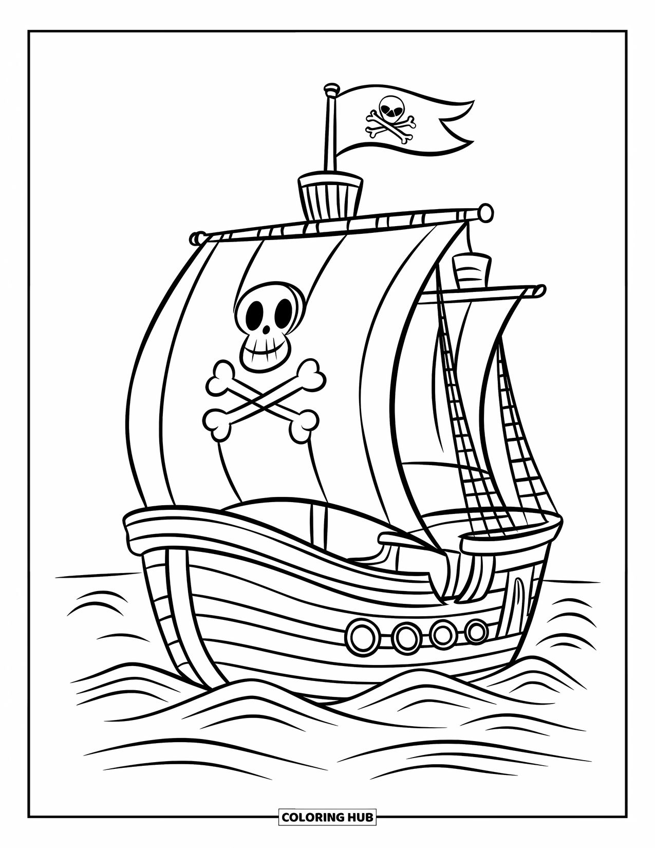 Pirate Ship Coloring Page for Kids: Ship with happy flag and skull symbol sails a peaceful sea