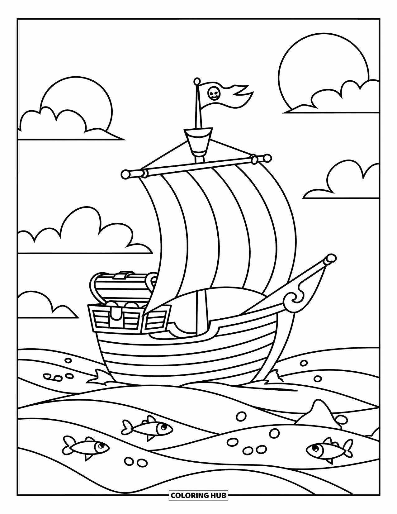 Pirate Ship Coloring Page for Kids: Ship with treasure and fish-filled waves sails past a setting sun