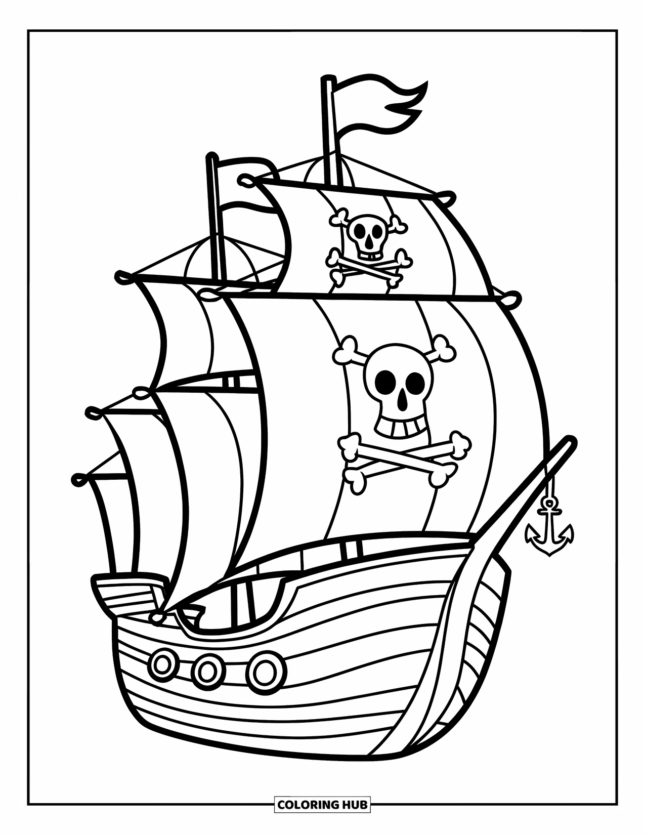 Pirate Ship Coloring Page for Kids: Simple pirate ship with anchor and windows designed for easy coloring