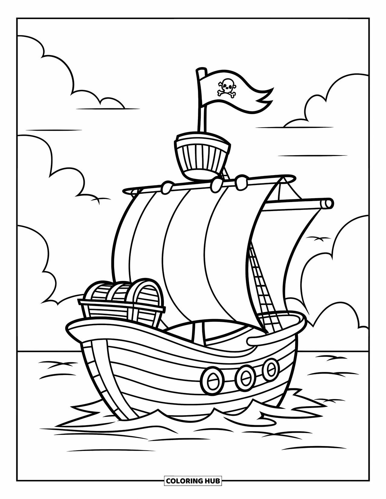 Pirate Ship Coloring Page for Kids: Small pirate ship with a treasure chest glides under a clear sky