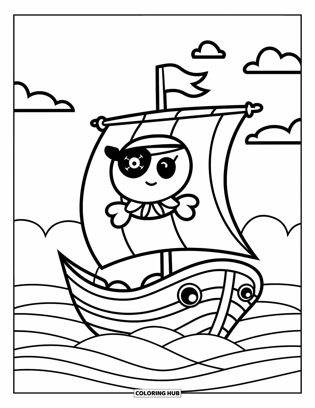 Pirate Ship Coloring Page for Kids: Smiling pirate ship with gentle waves and soft clouds behind it