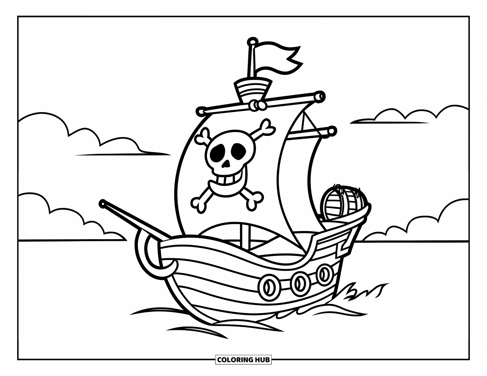 Pirate Ship Coloring Page for Kids: Tiny pirate ship with a plank and barrel sails under a peaceful sky