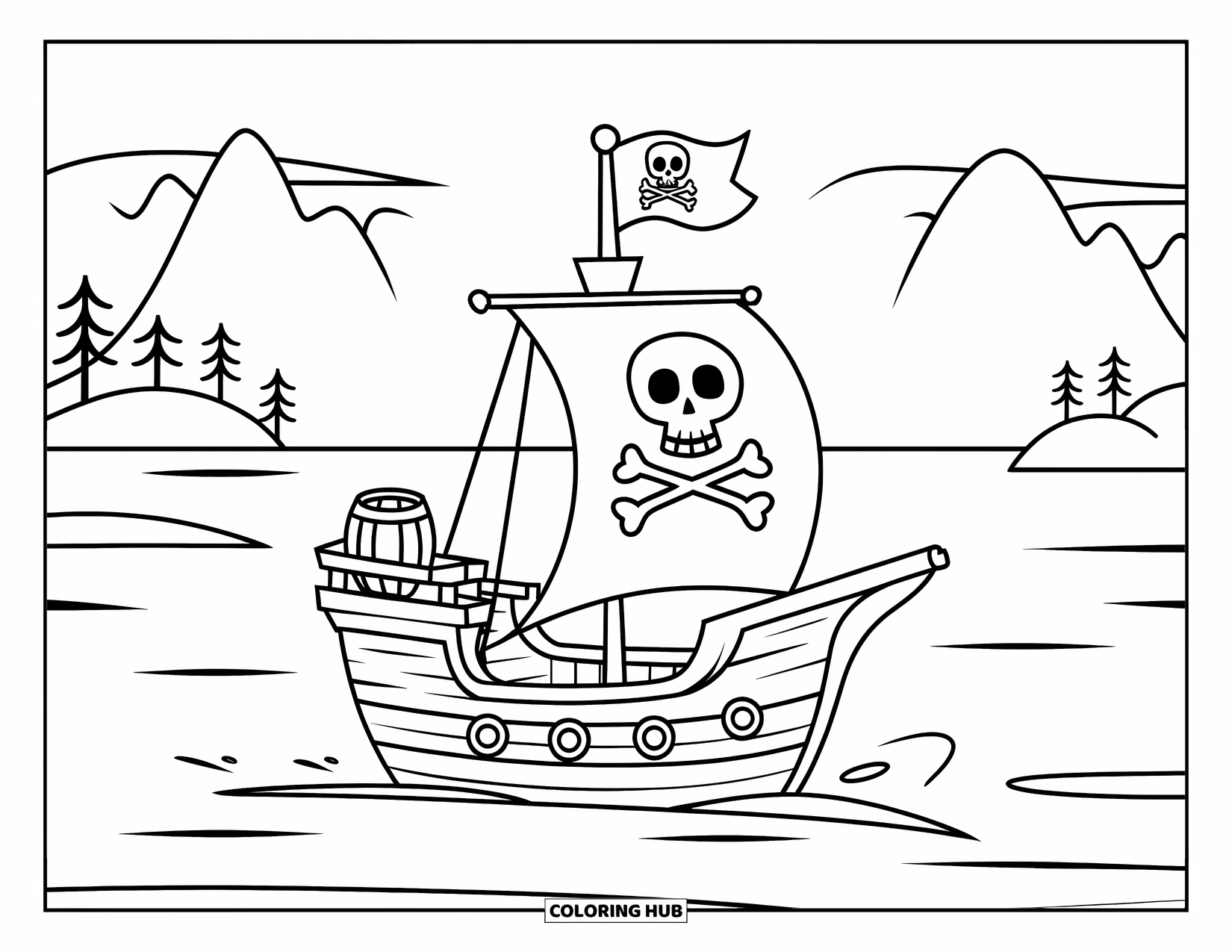 Pirate Ship Coloring Page for Kids: Tiny pirate ship with a skull flag sails past distant mountains
