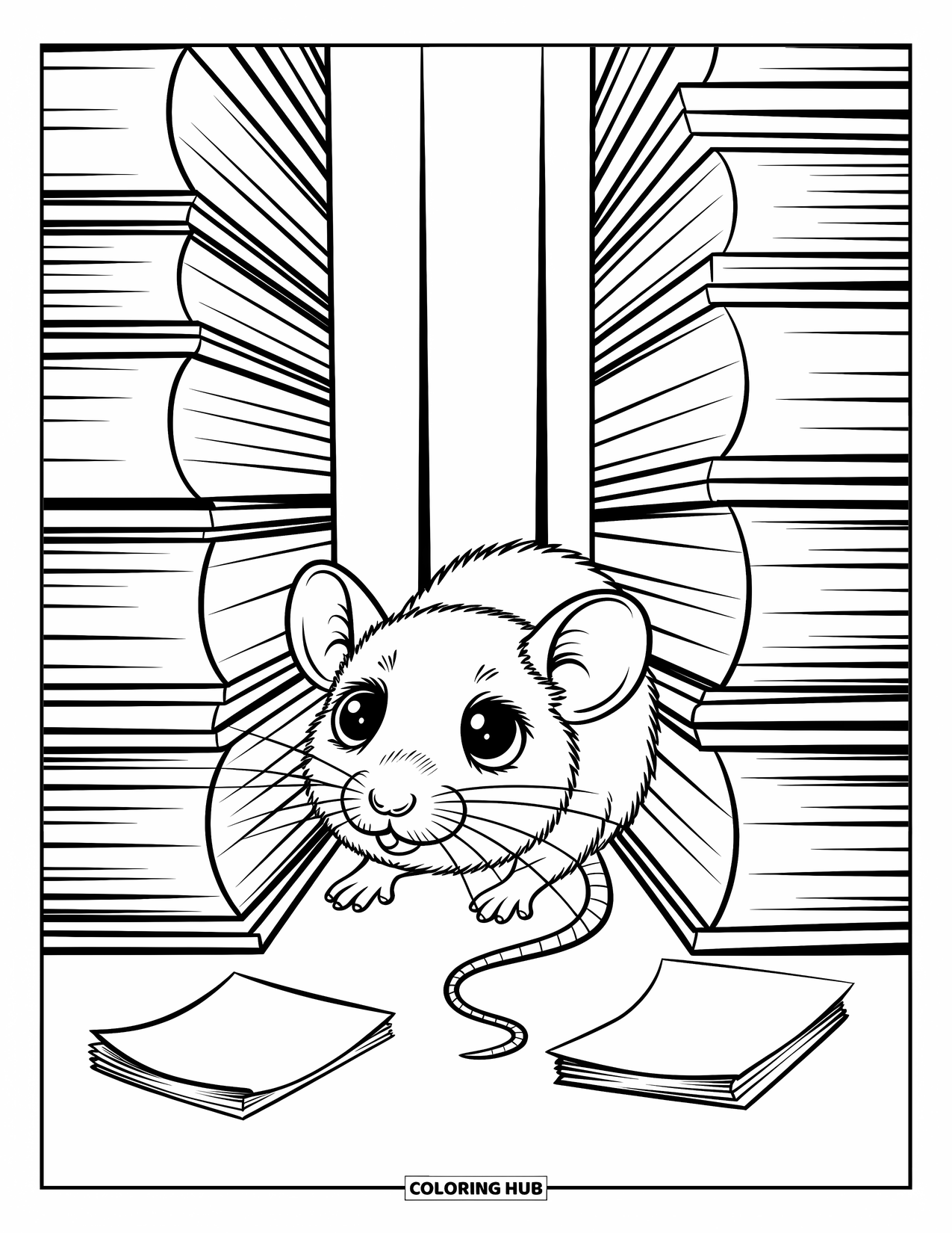 Rat Coloring Page for Adults: Inquisitive rat squeezes between books near crumpled notes and a playful bookmark