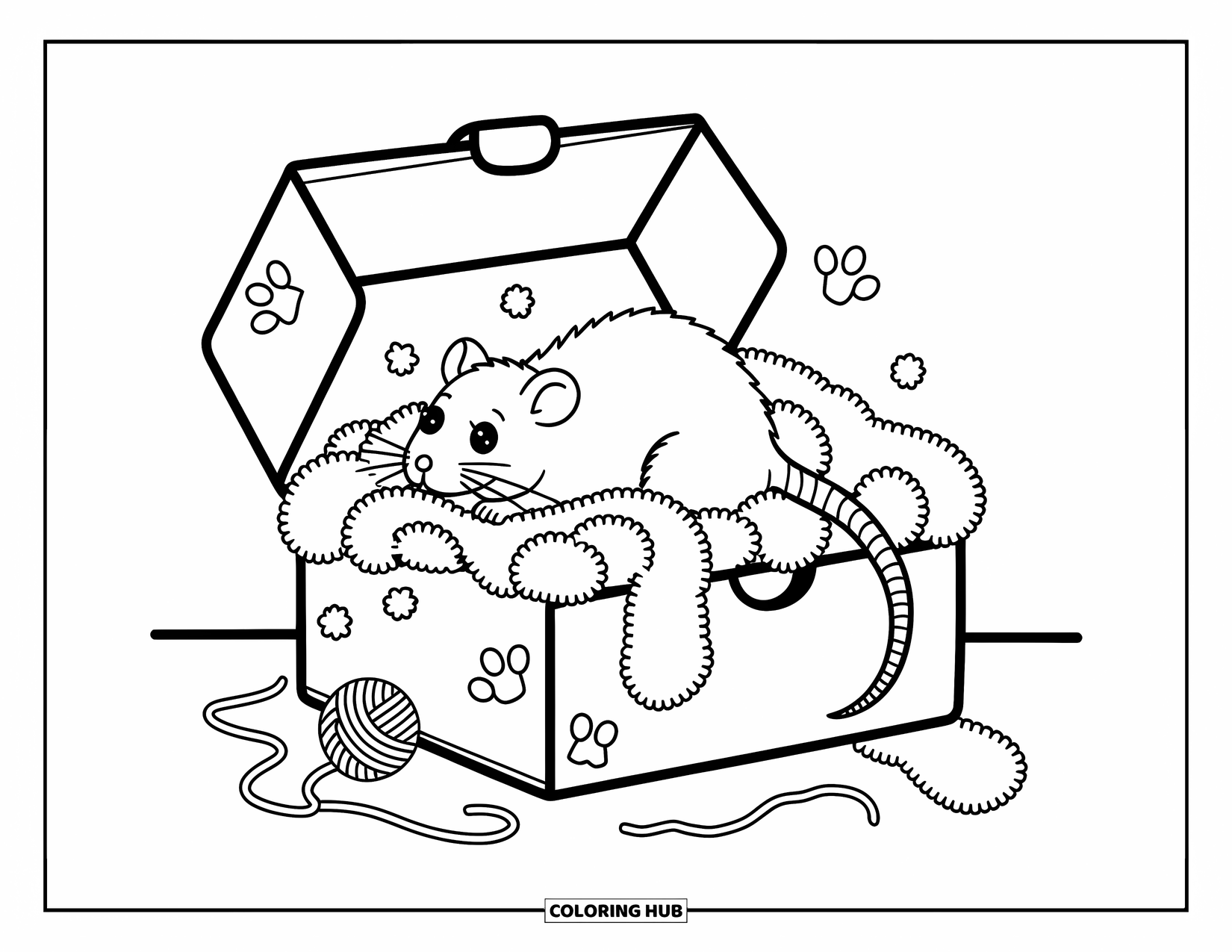 Rat Coloring Page for Adults: Rat burrows happily through a fabric nest in a shoebox with fleece and yarn nearby