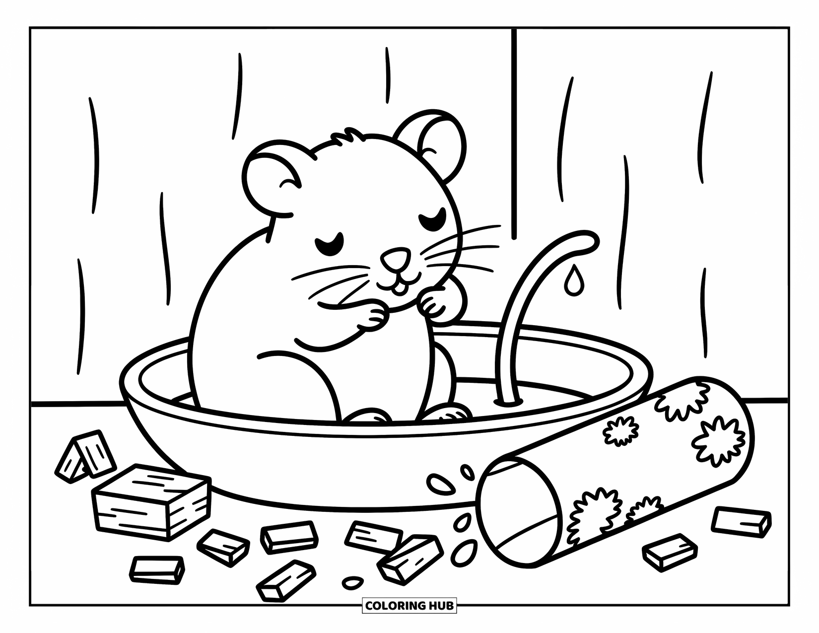 Rat Coloring Page for Adults: Rat gently grooms its face beside a water bowl and a nibbled cardboard tube