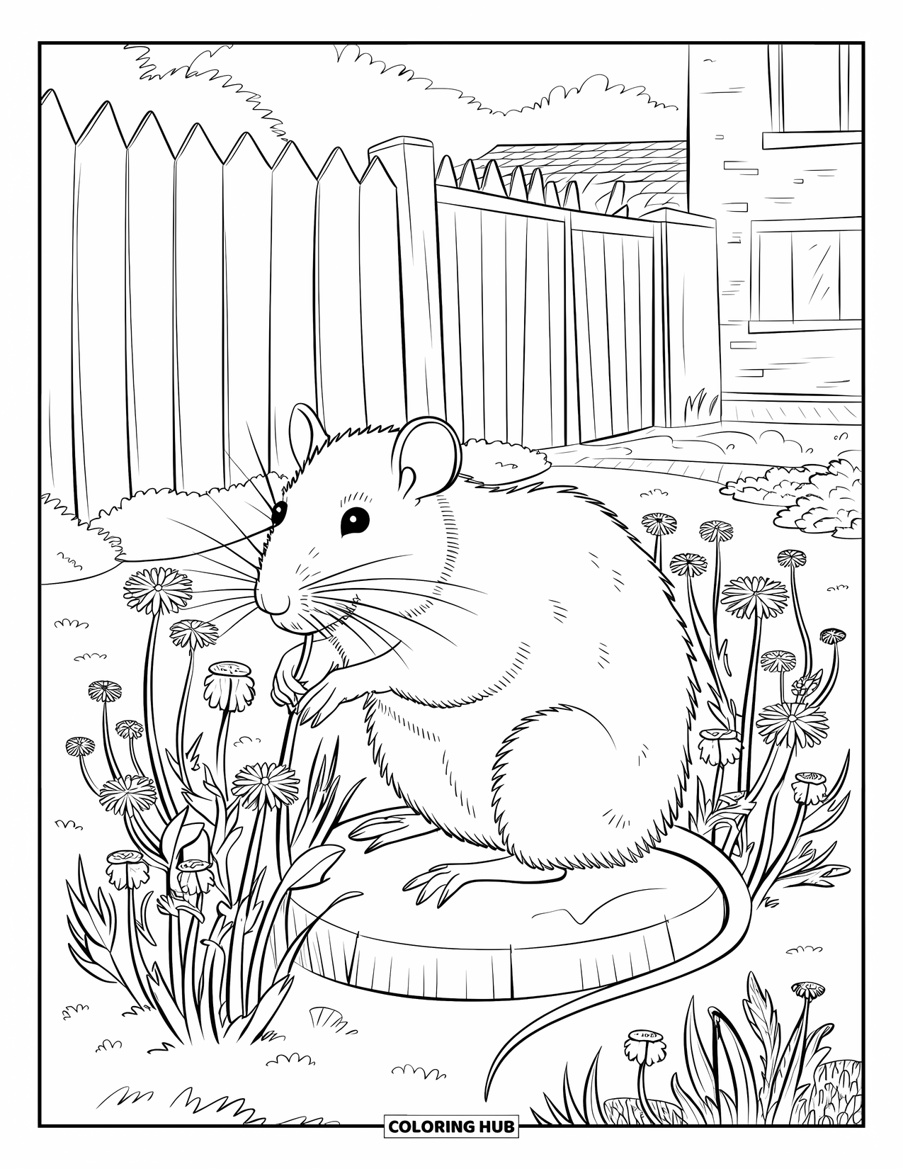 Rat Coloring Page for Adults: Rat hugs flowers while sitting on a stone near a house and garden