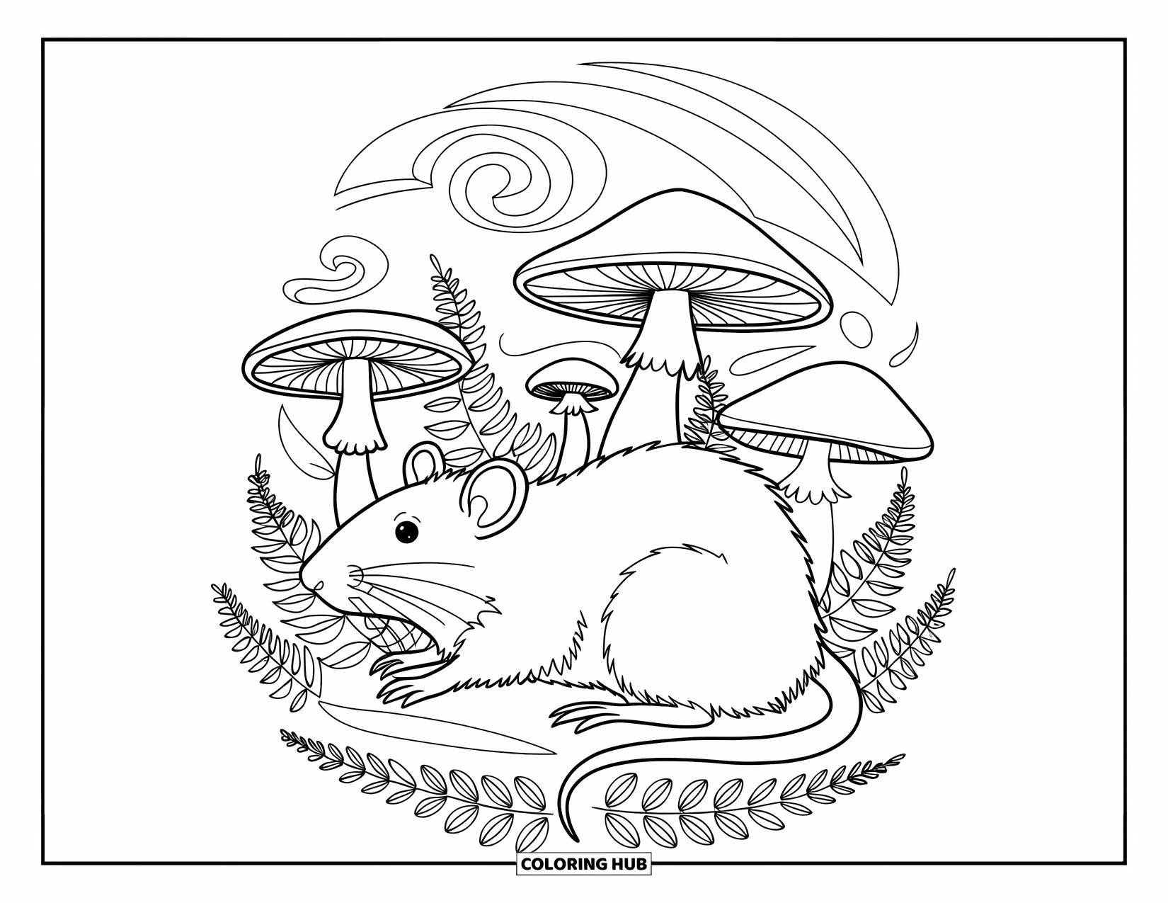 Rat Coloring Page for Adults: Rat sits among mushrooms and ferns with swirling patterns in the background