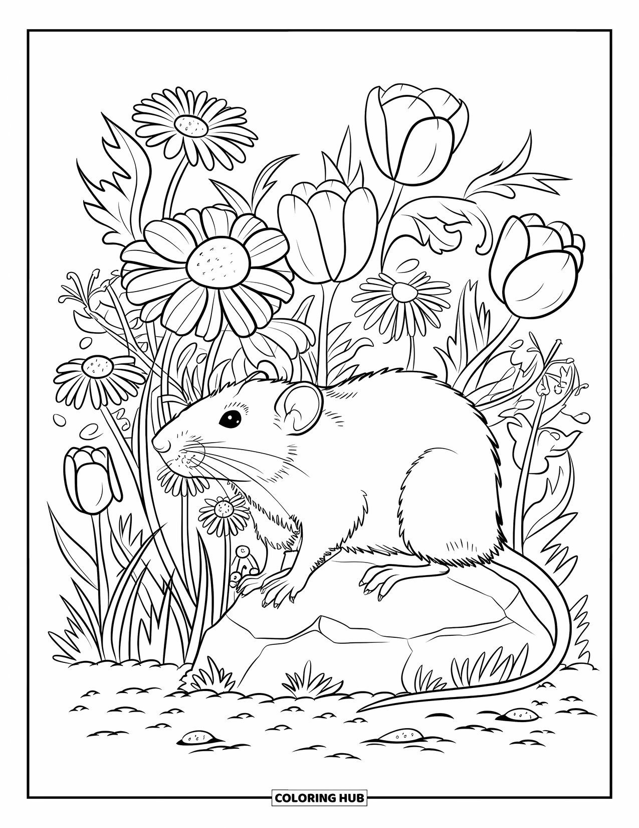 Rat Coloring Page for Adults: Rat sits on a rock surrounded by daisies, roses, and tulips
