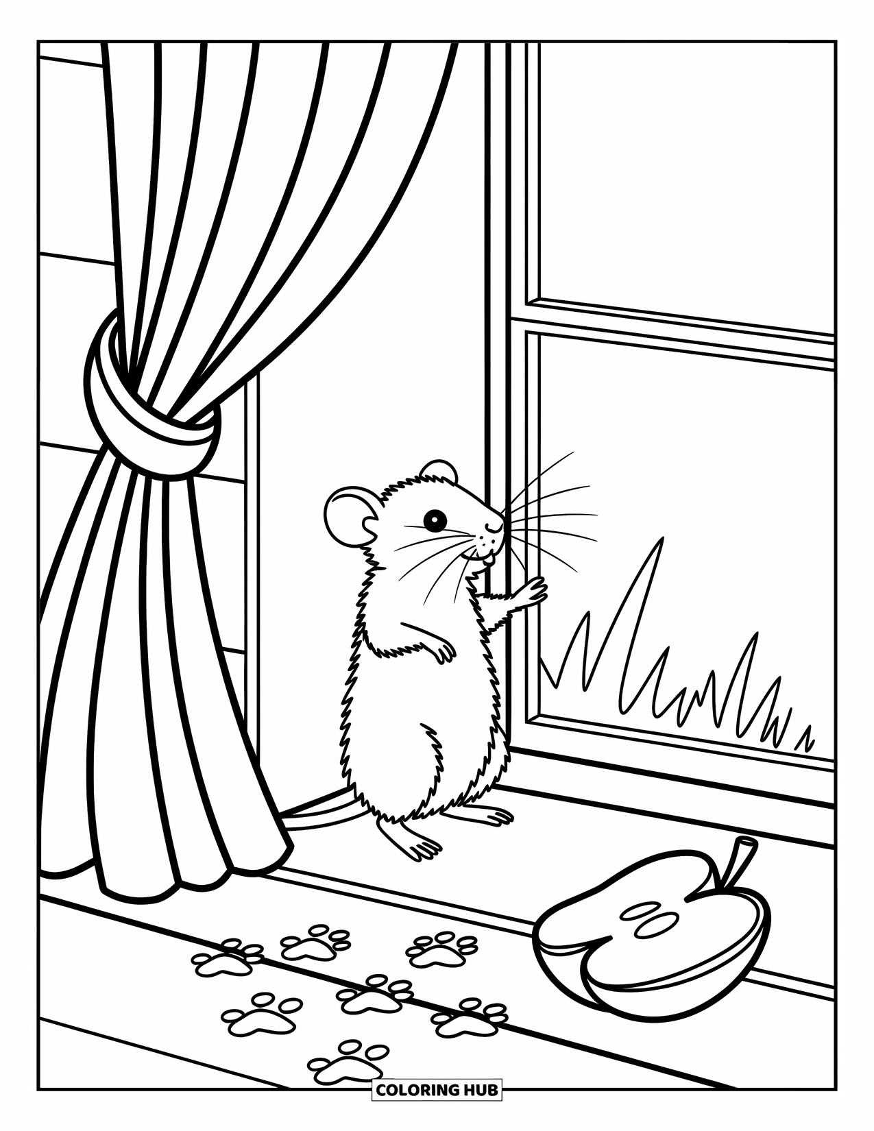 Rat Coloring Page for Adults: Rat stands on hind legs by a window with an apple core and tiny paw prints