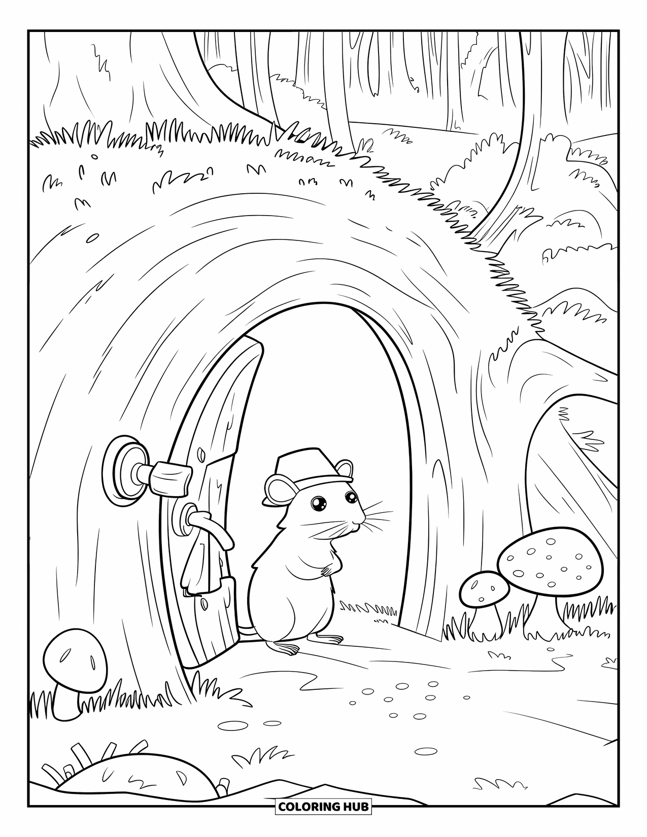 Rat Coloring Page for Adults: Rat wearing a small hat stands at a wooden forest burrow with mushrooms