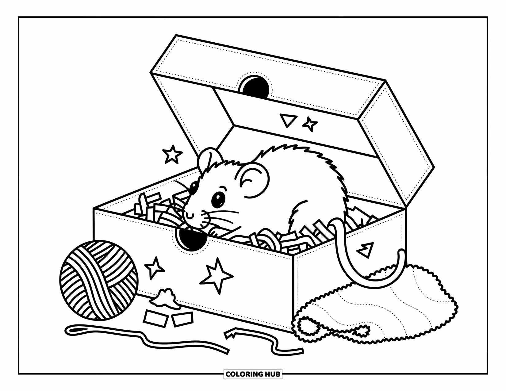 Rat Coloring Page for Adults: Tiny rat explores a nest of fabric strips inside a chewed-up shoebox