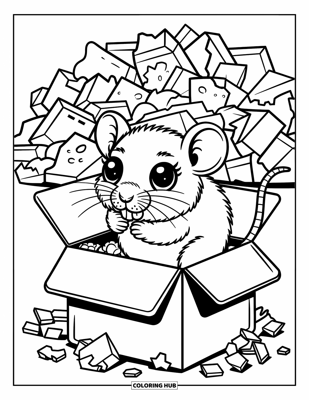 Rat Coloring Page for Adults: Tiny rat nibbles a cereal box while bits of packaging pile up
