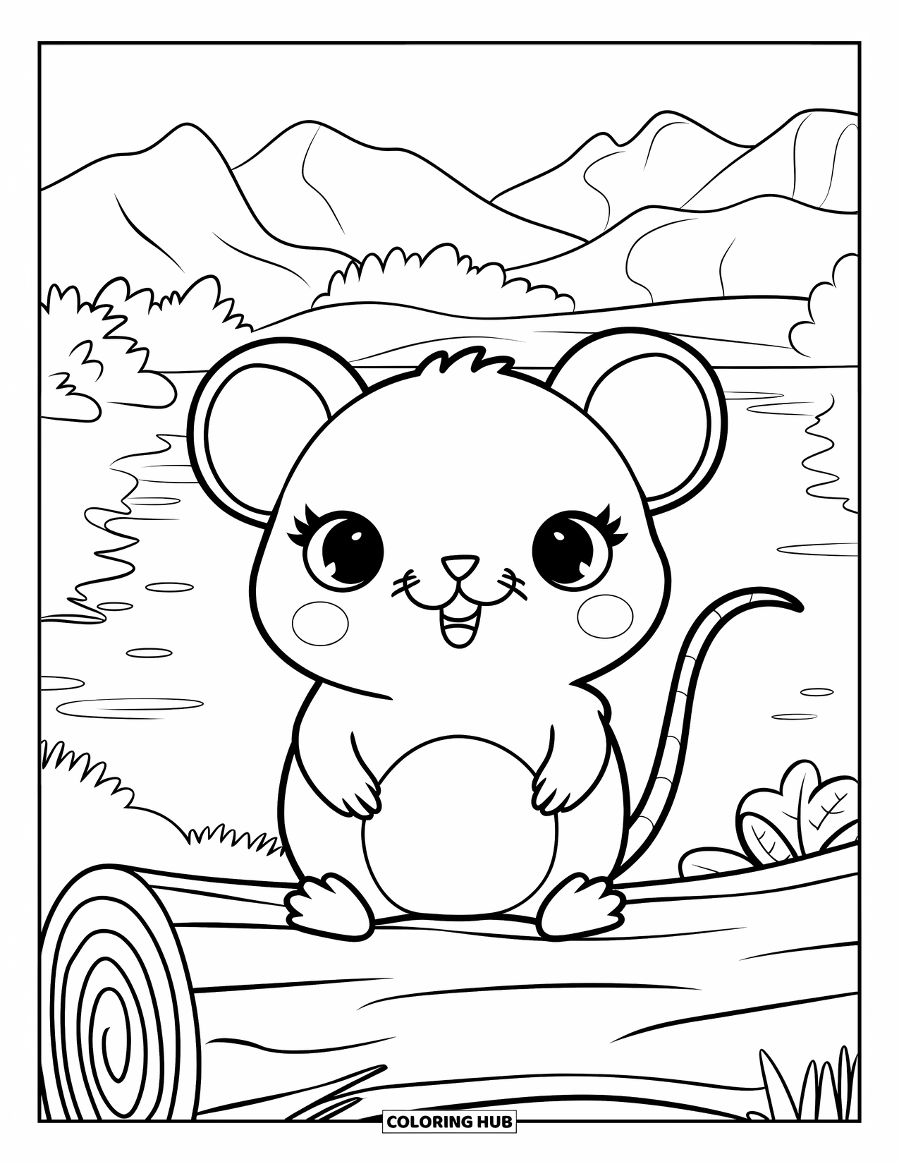 Rat Coloring Page for Kids: Chubby rat sits on a log near a calm lake, trees, and distant mountains