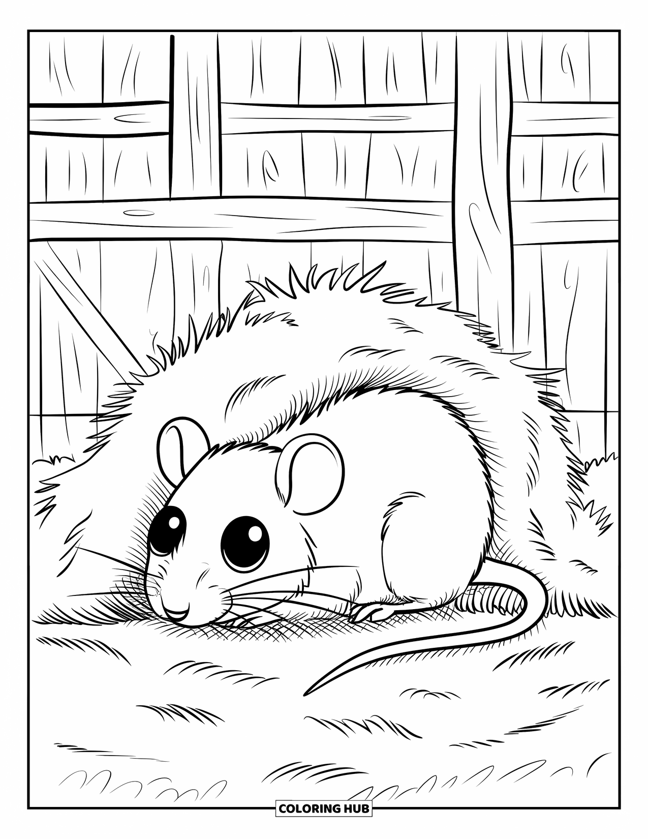 Rat Coloring Page for Kids: Cute rat in hay with big eyes rests in a barn with wood beams