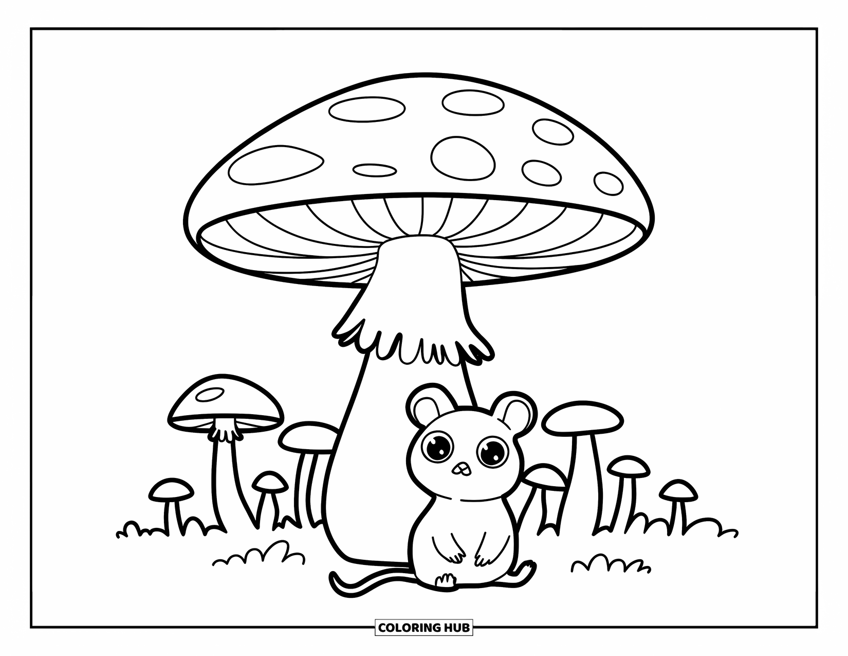 Rat Coloring Page for Kids: Cute rat with big eyes relaxes under a round mushroom in a mushroom-filled field