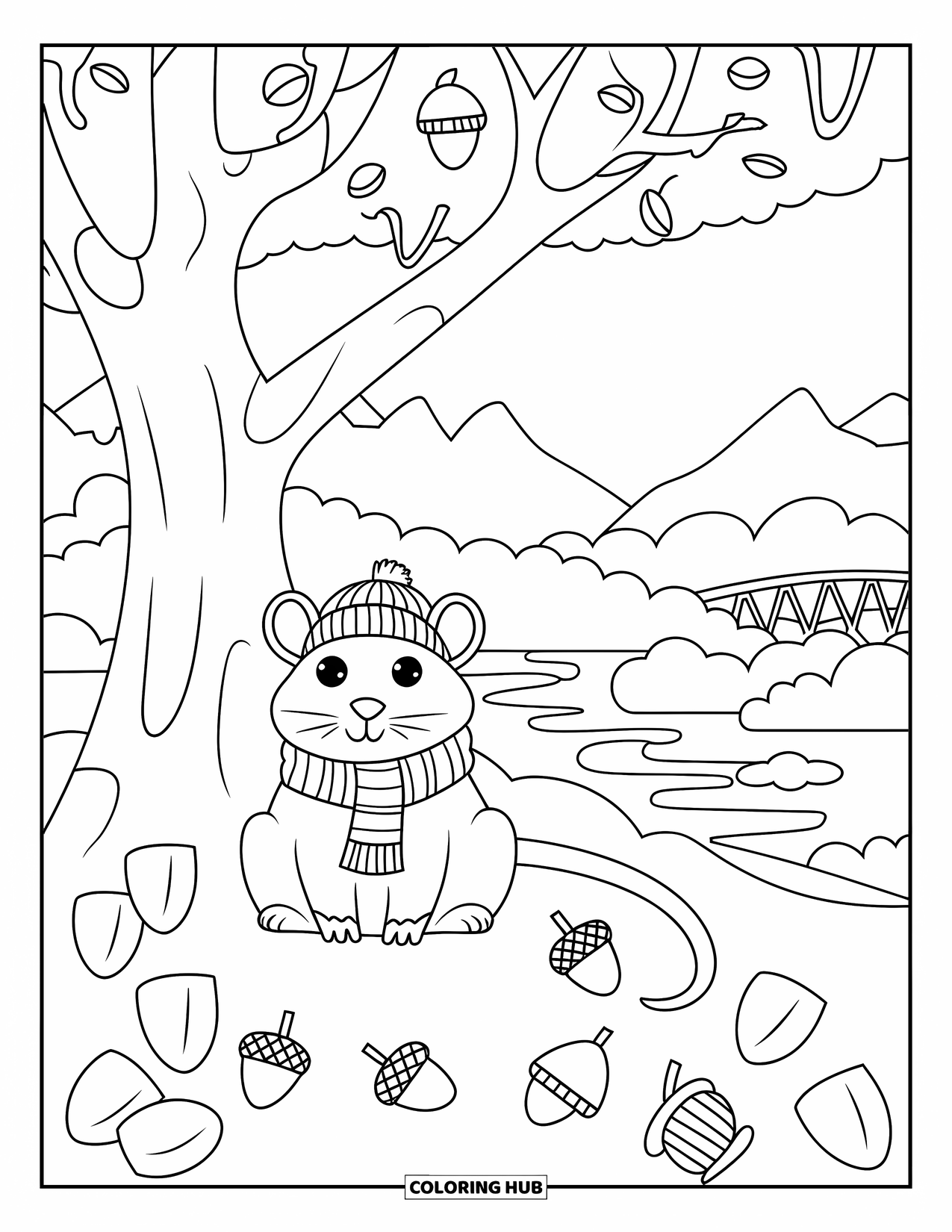 Rat Coloring Page for Kids: Rat in a beanie sits under a tree near mountains, river, and a tiny bridge