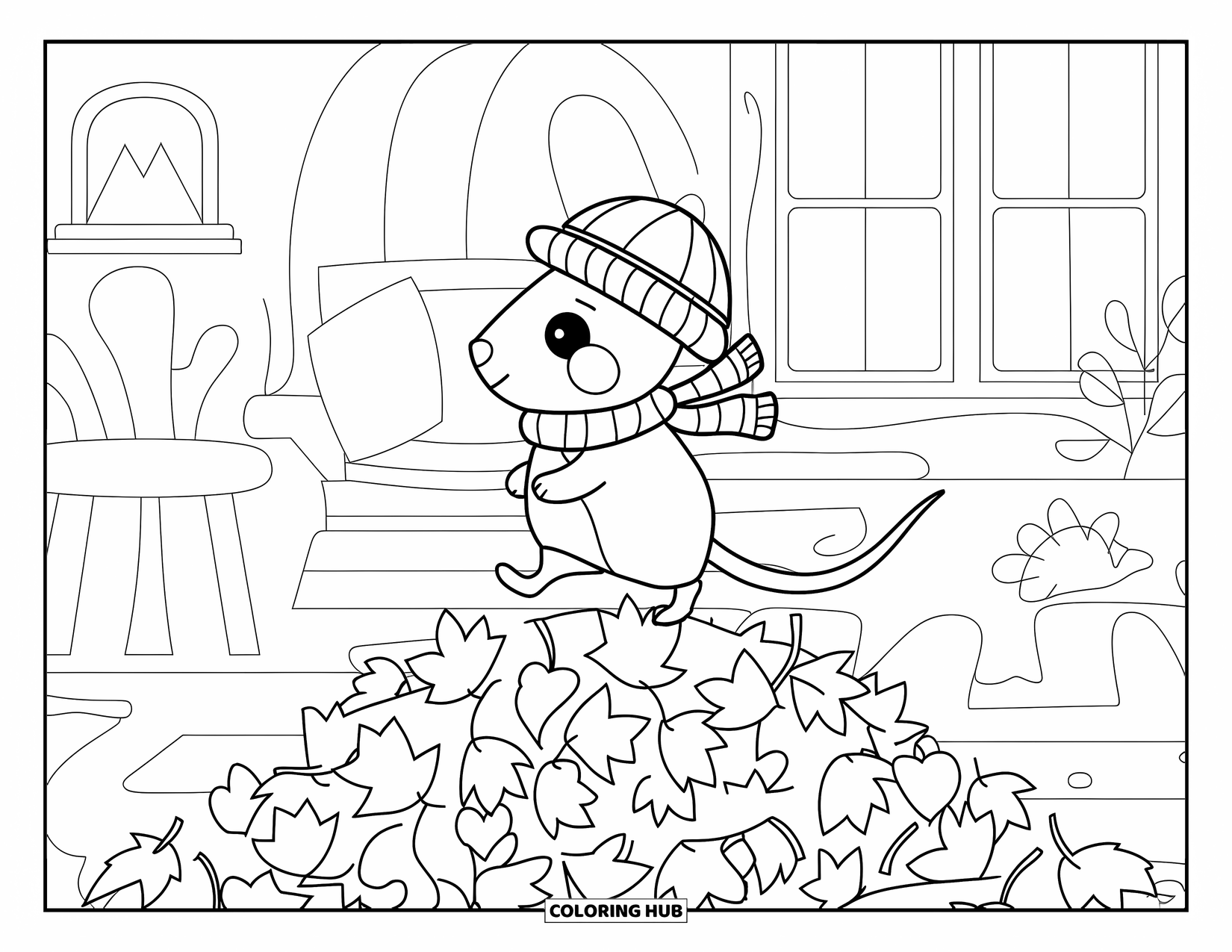 Rat Coloring Page for Kids: Rat in a hat and scarf walks on heart-shaped leaves in a warm home