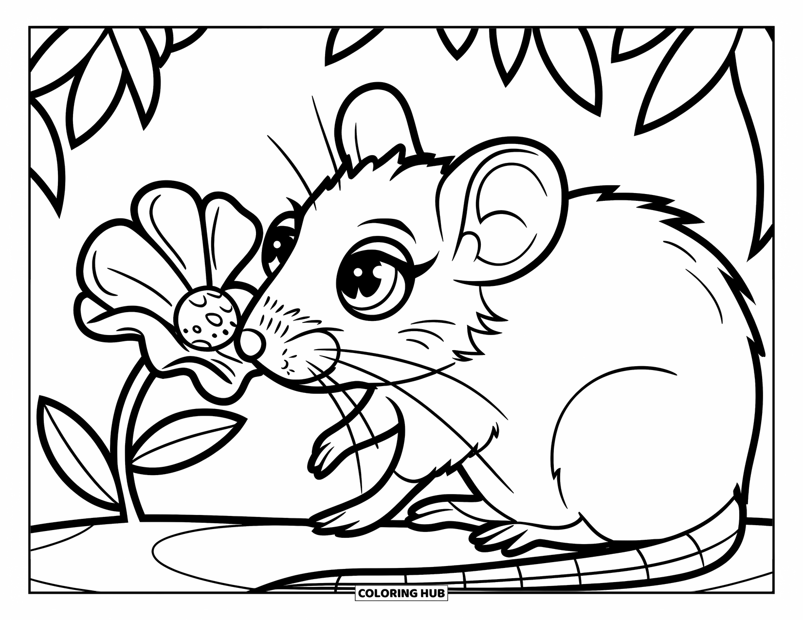 Rat Coloring Page for Kids: Rat in a hat sniffs a flower on a branch against a simple, clean backdrop