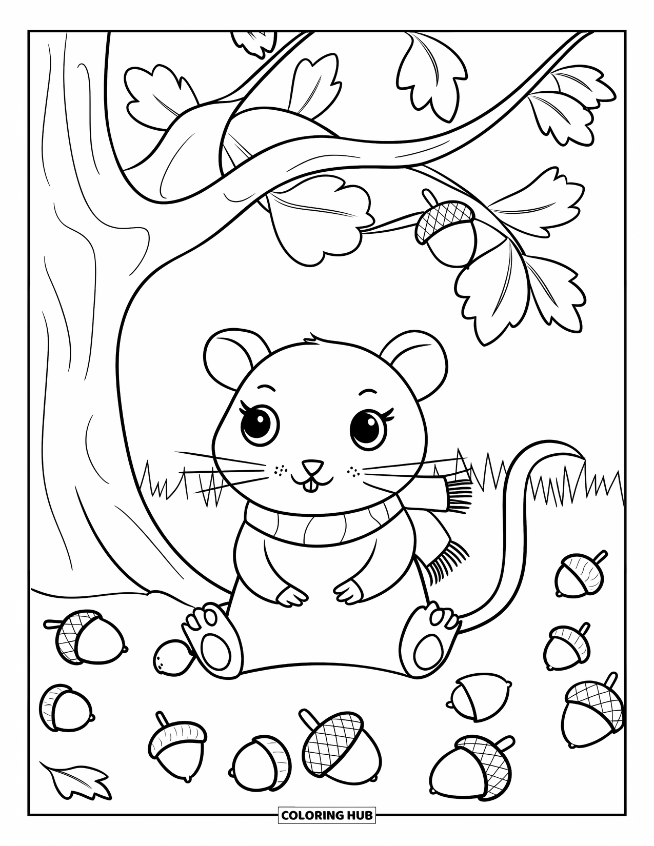 Rat Coloring Page for Kids: Rat in a red scarf relaxes under a tree surrounded by acorns and leaves