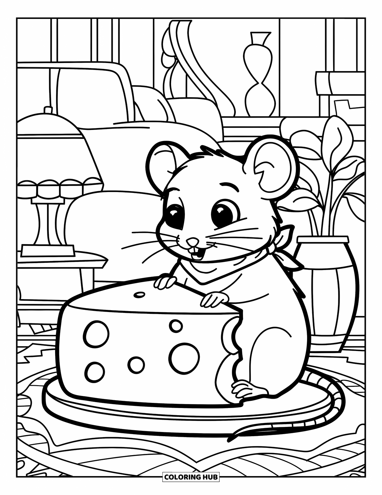 Rat Coloring Page for Kids: Rat in a scarf enjoys a big cheese wedge in a cozy room with lamp and plant